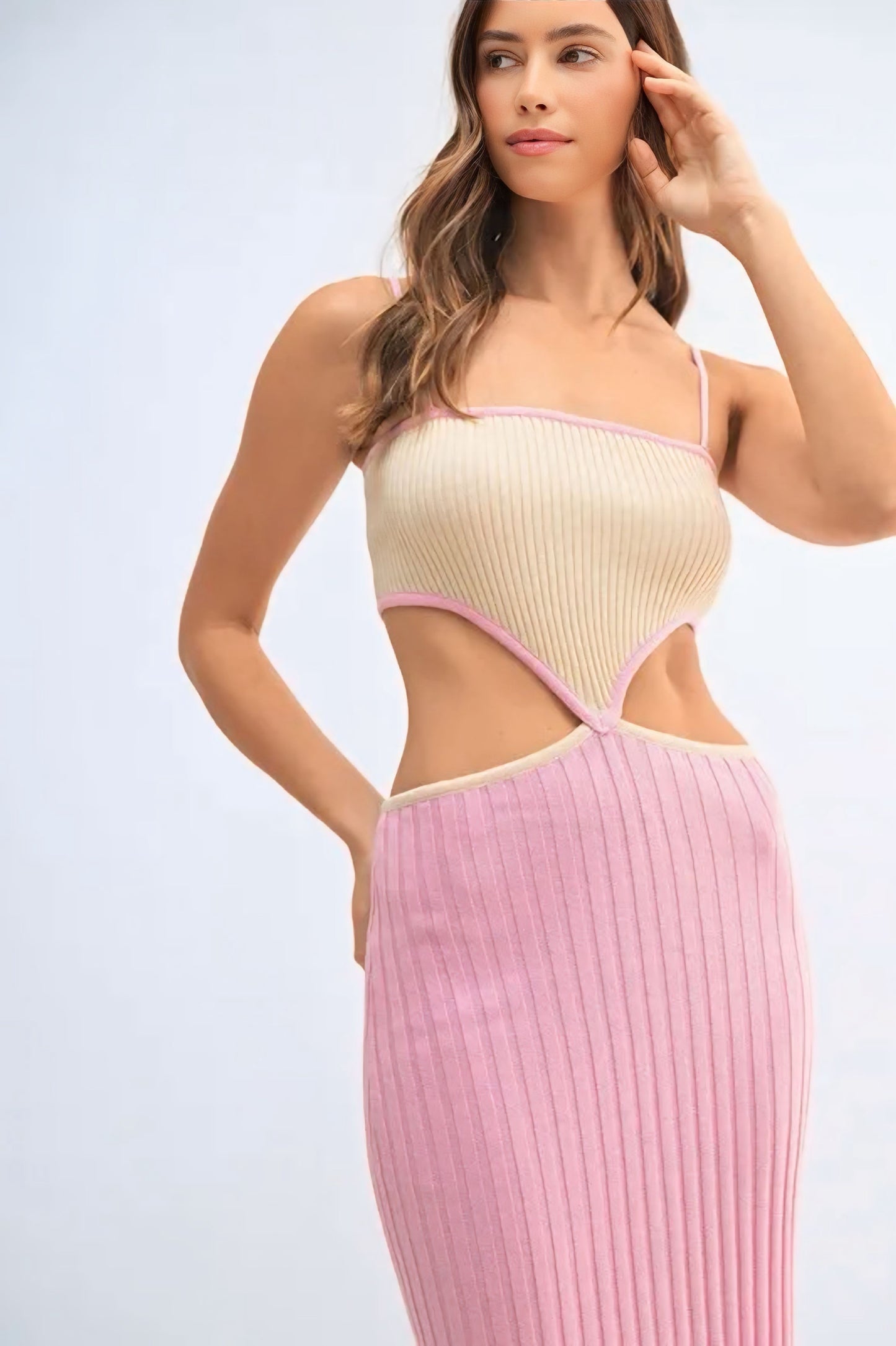 Ribbed Knit Color Block Cutout Midi Dress - Candy Pink