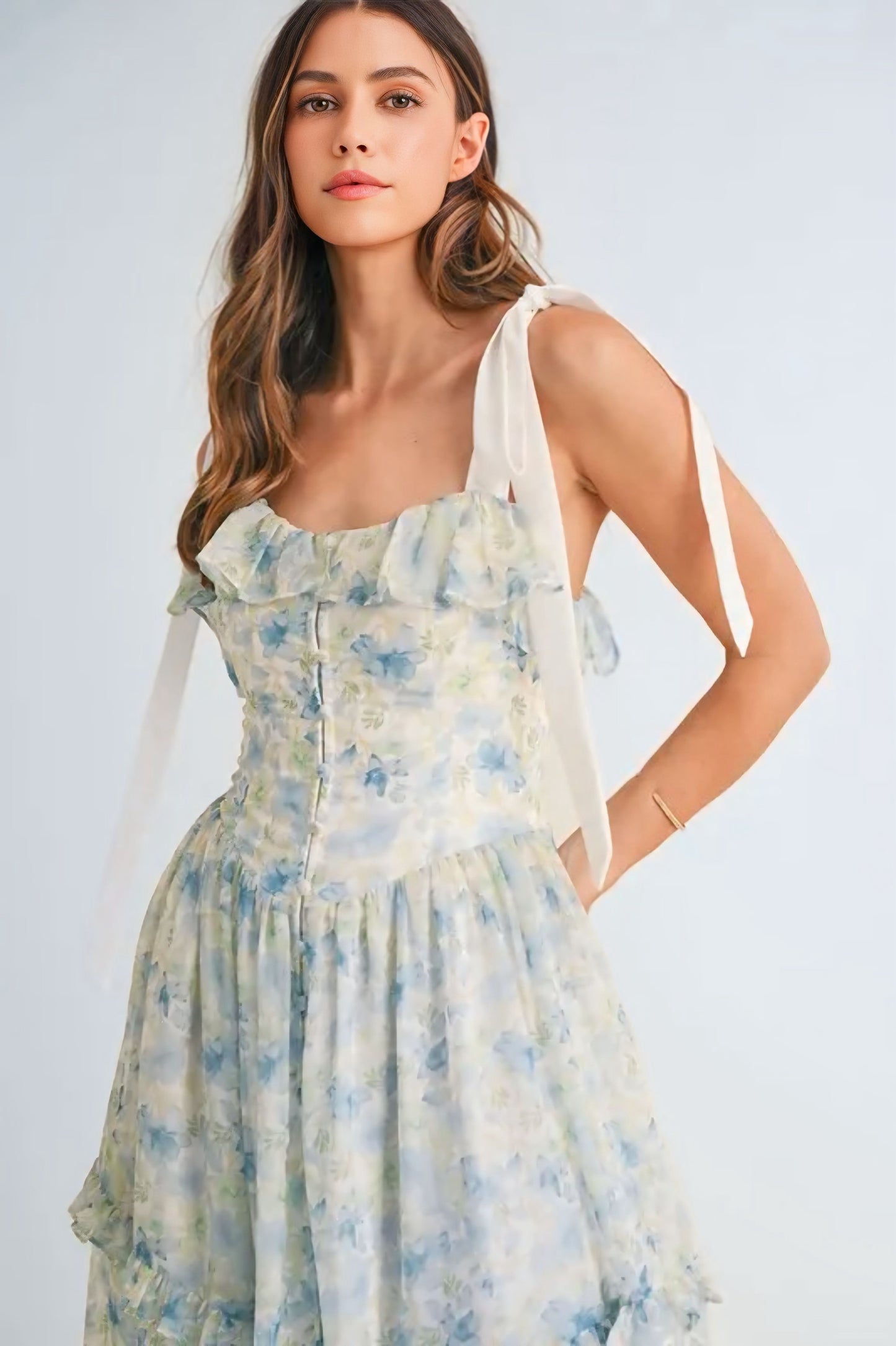 Floral Printed Shoulder Strap Midi Dress