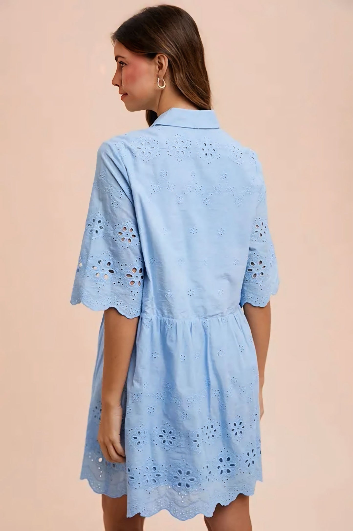 Embroidered Scallop Edge Detail Mini Shirt Dress