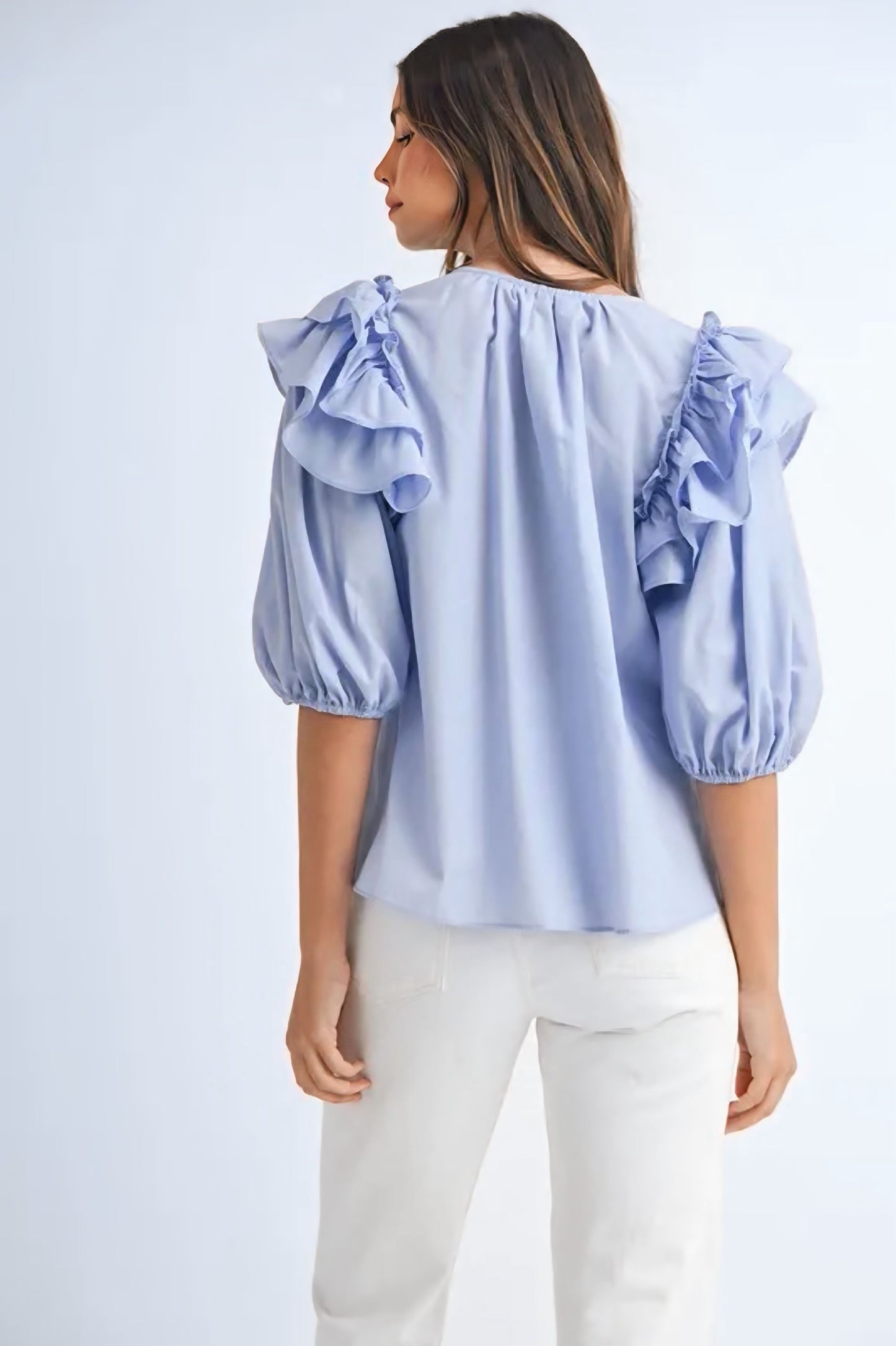 Stripe Ruffle Shoulder Puff Sleeve Blouse