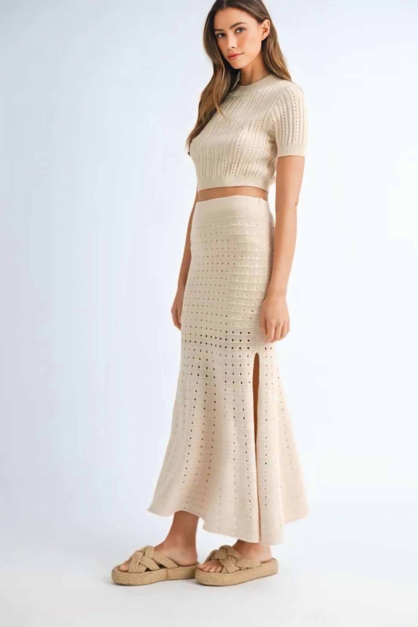 Pointelle Short Sleeve Crop Top and Slit Skirt Sweater Set - Cream