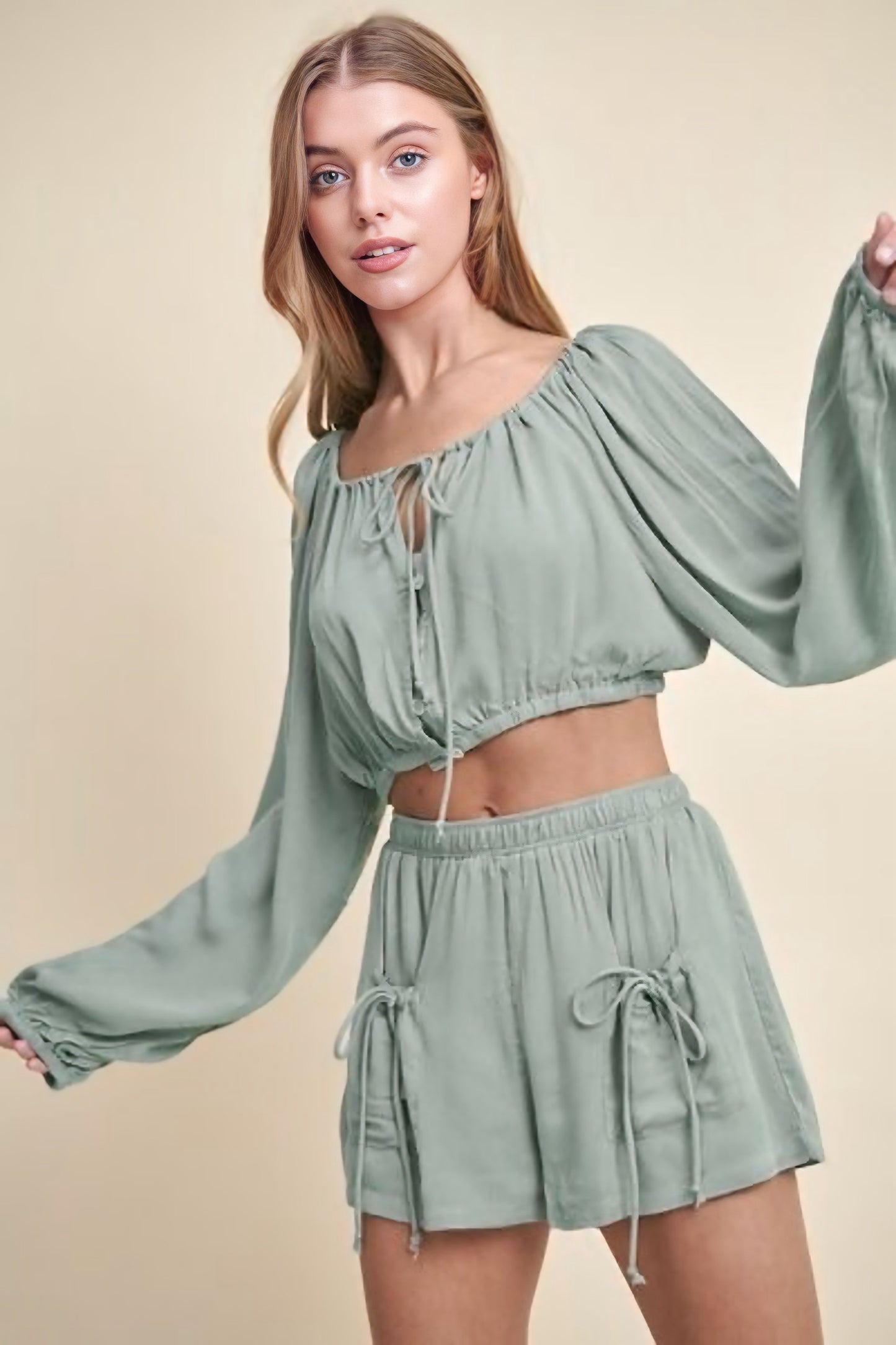 Gauze Long Sleeve Button Crop Top and Short Set