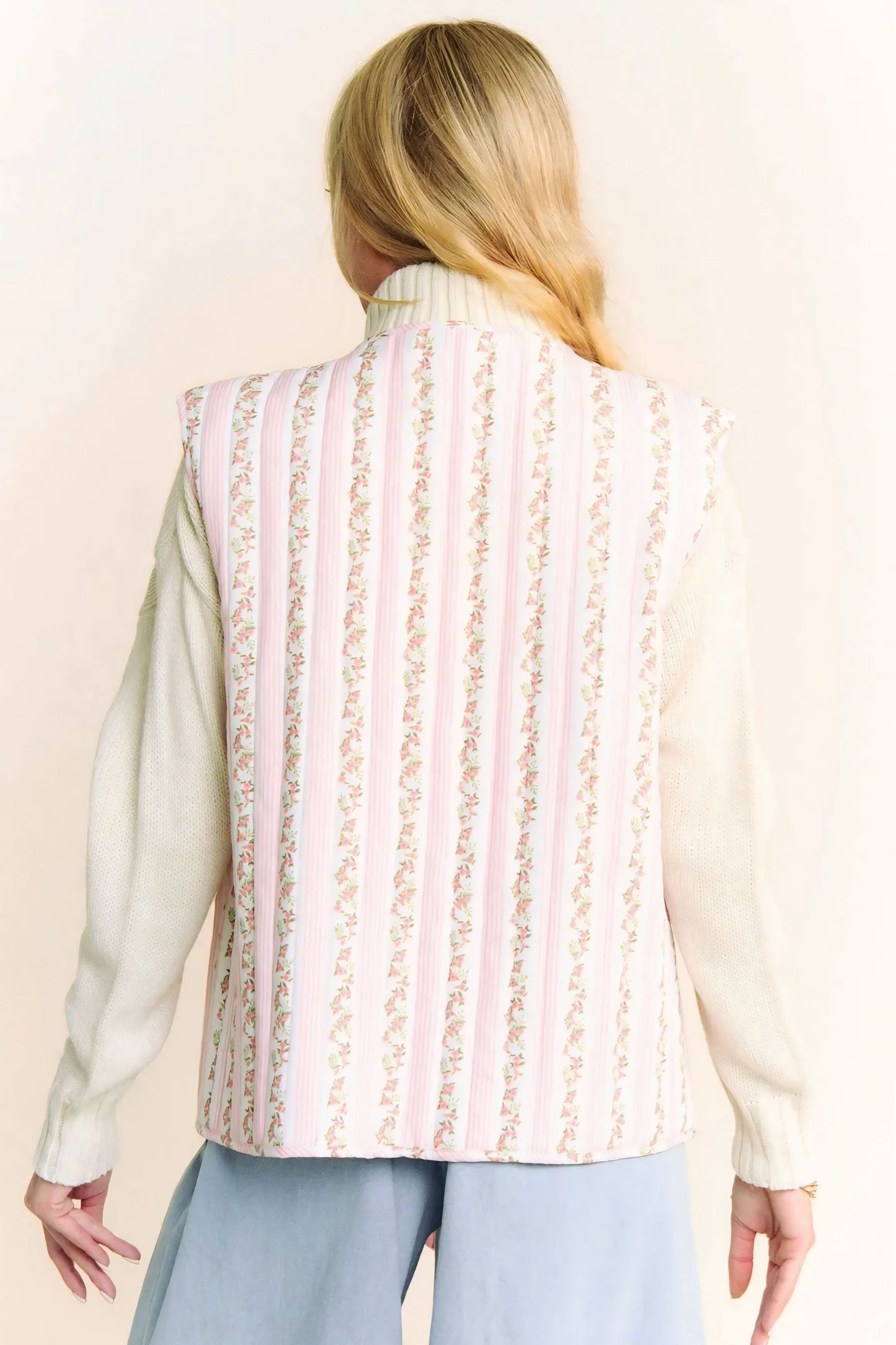 Quilted Floral Bow Tie Front Padding Vest Jacket