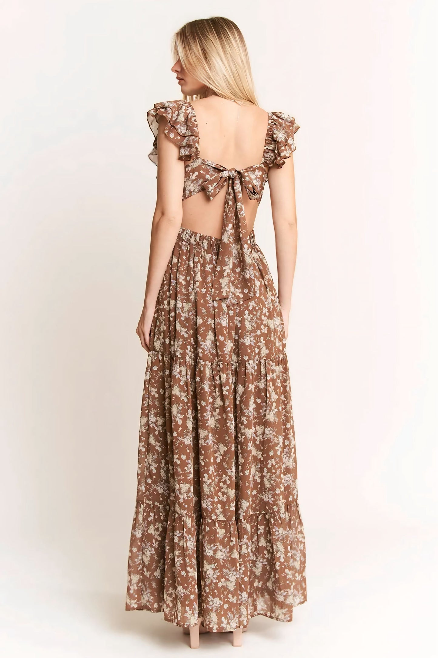 Mocha Ruffle Sleeve Tiered Maxi Dress