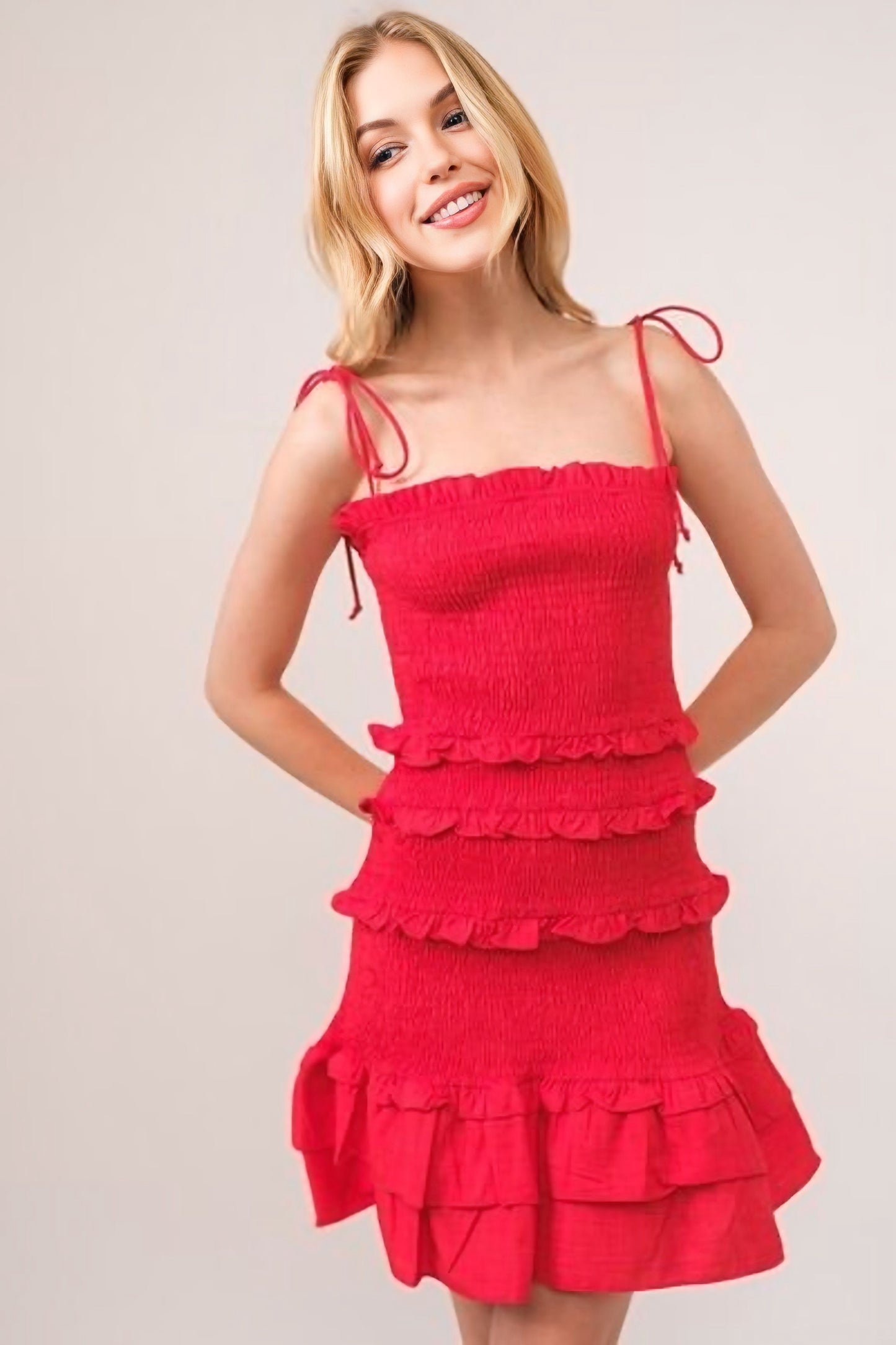 Bow Straps Ruffled Smocked Dress
