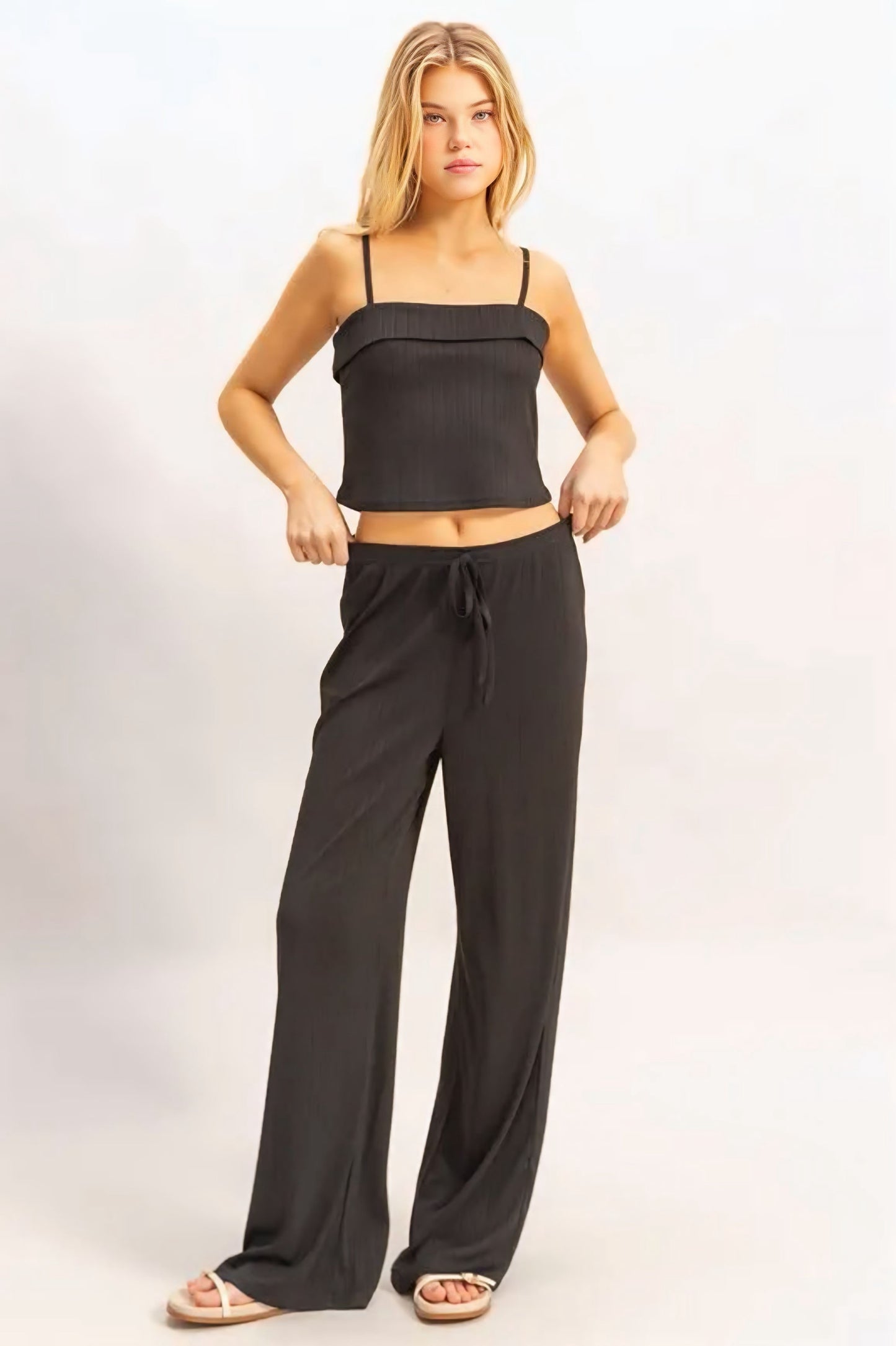 Black Rib Knit Cami Top and Pants Set