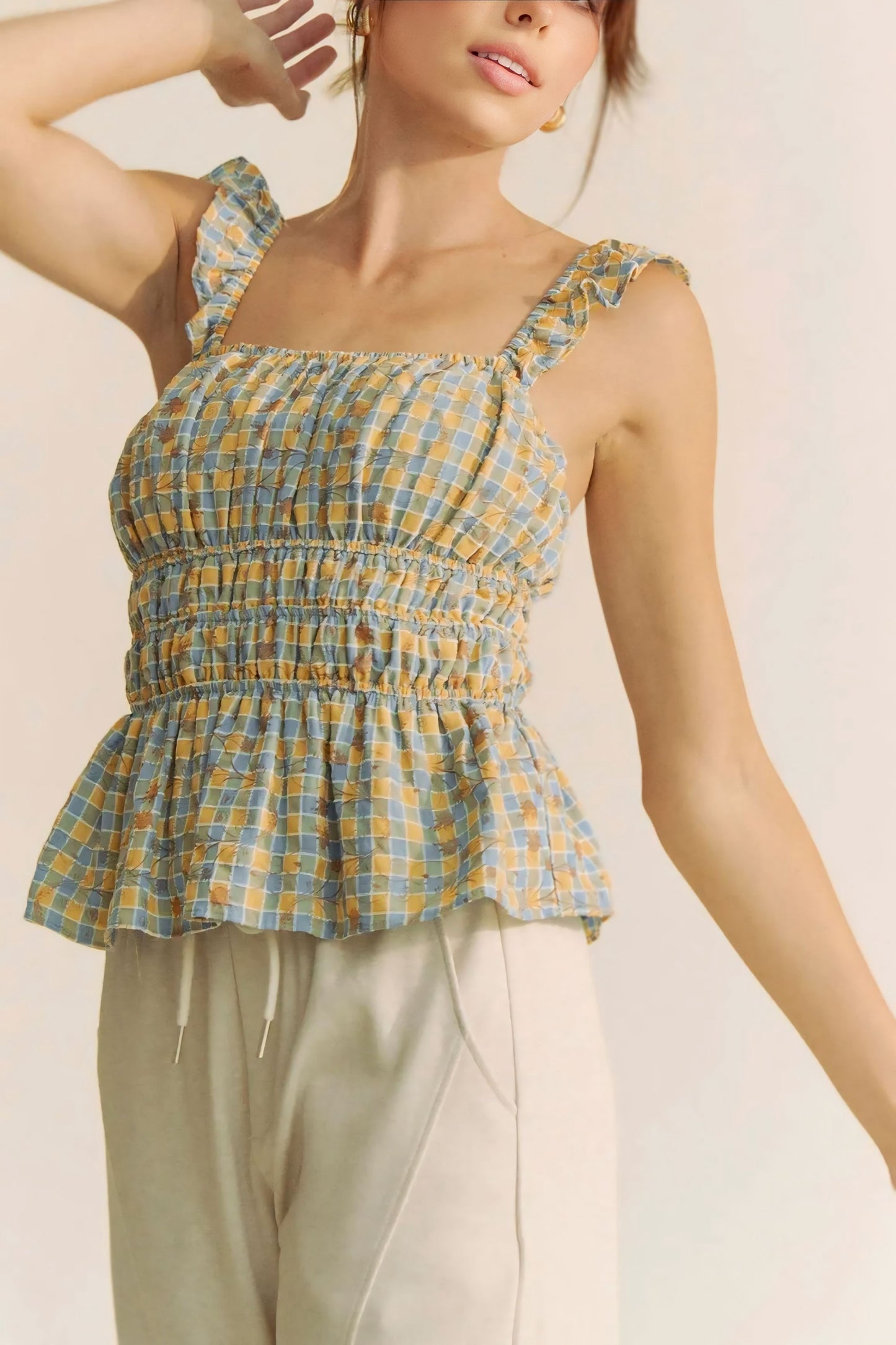Plaid Ruffled Strap Smocked Sleeveless Top