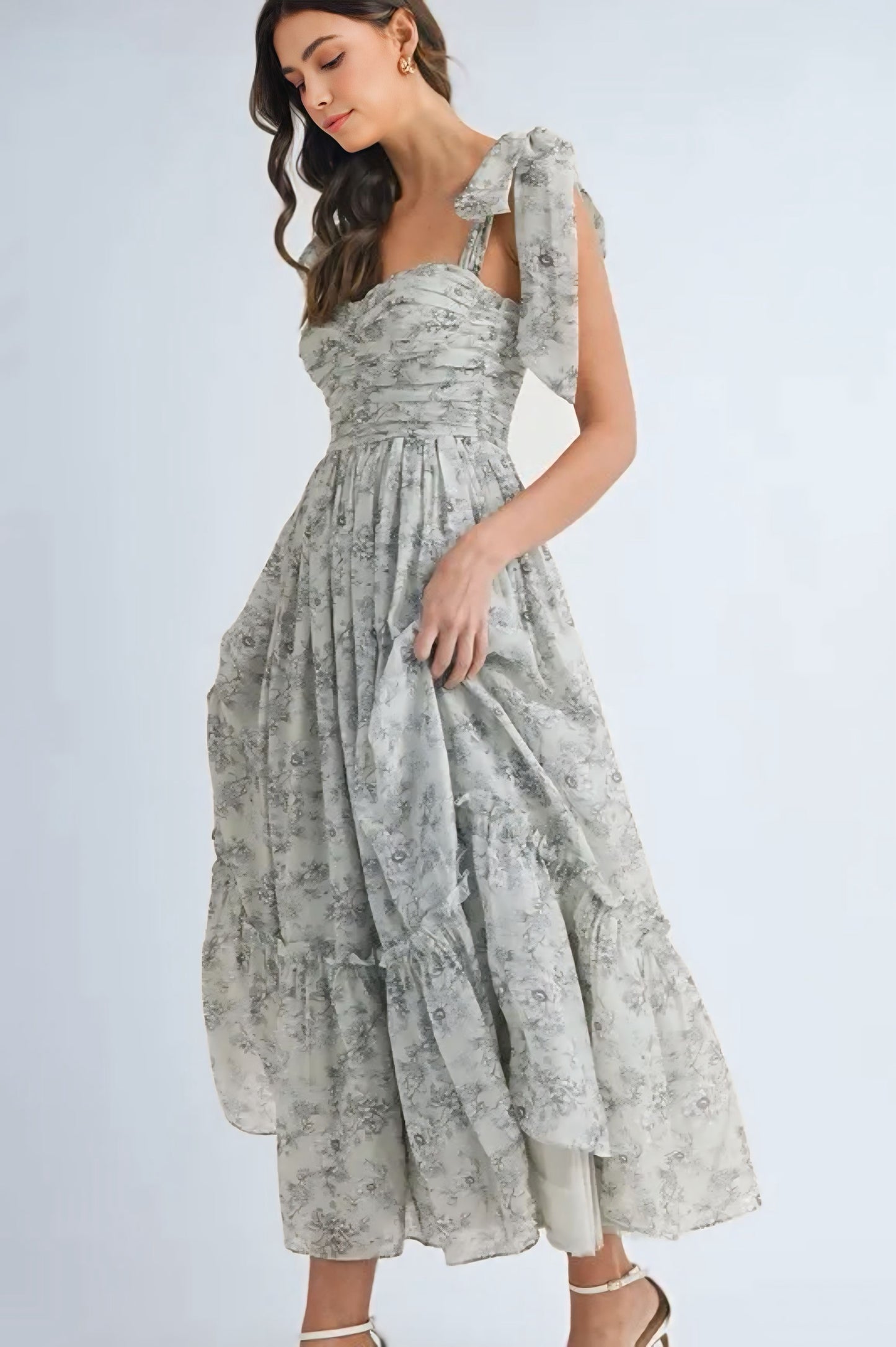 Floral Bust Ruched Midi Dress with Shoulder Tie - Sage