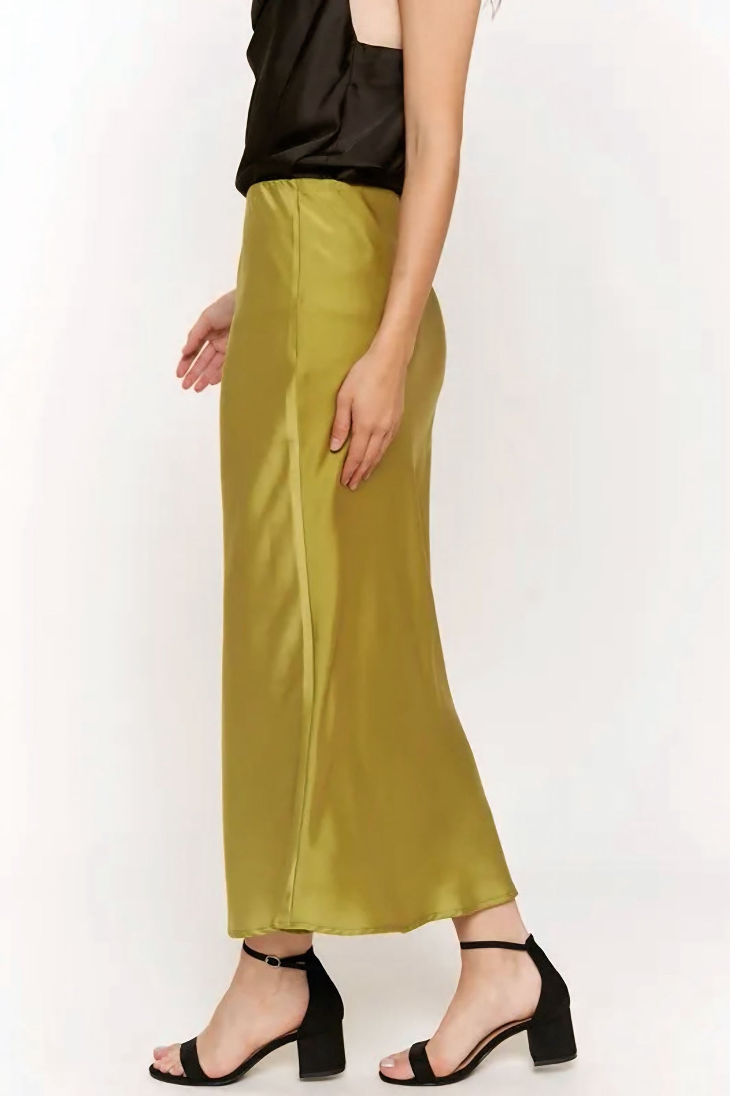 Olive Satin Midi Skirt