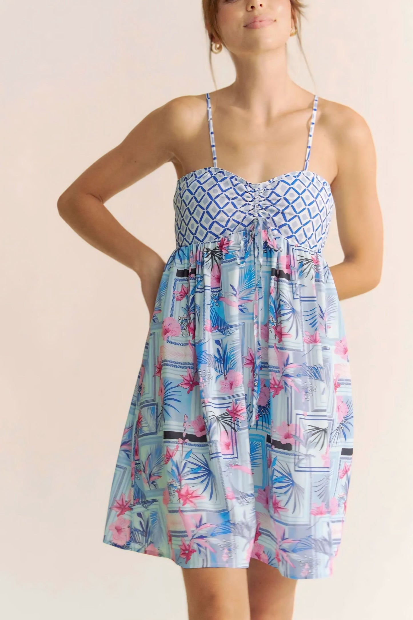 Tropical Floral Geo Print Tie Back Tube Top Romper