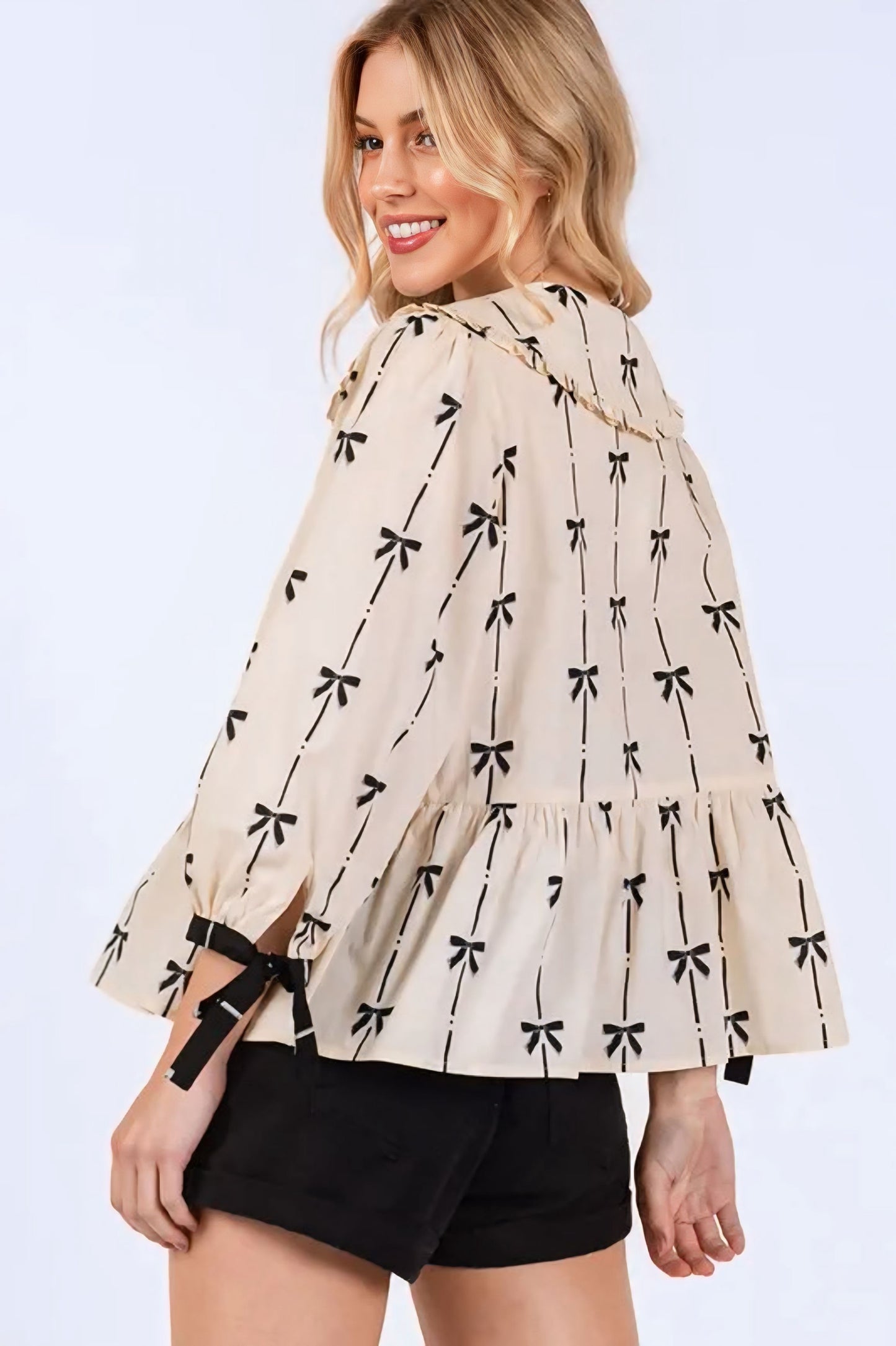 Bow Print Tie Front Babydoll Blouse