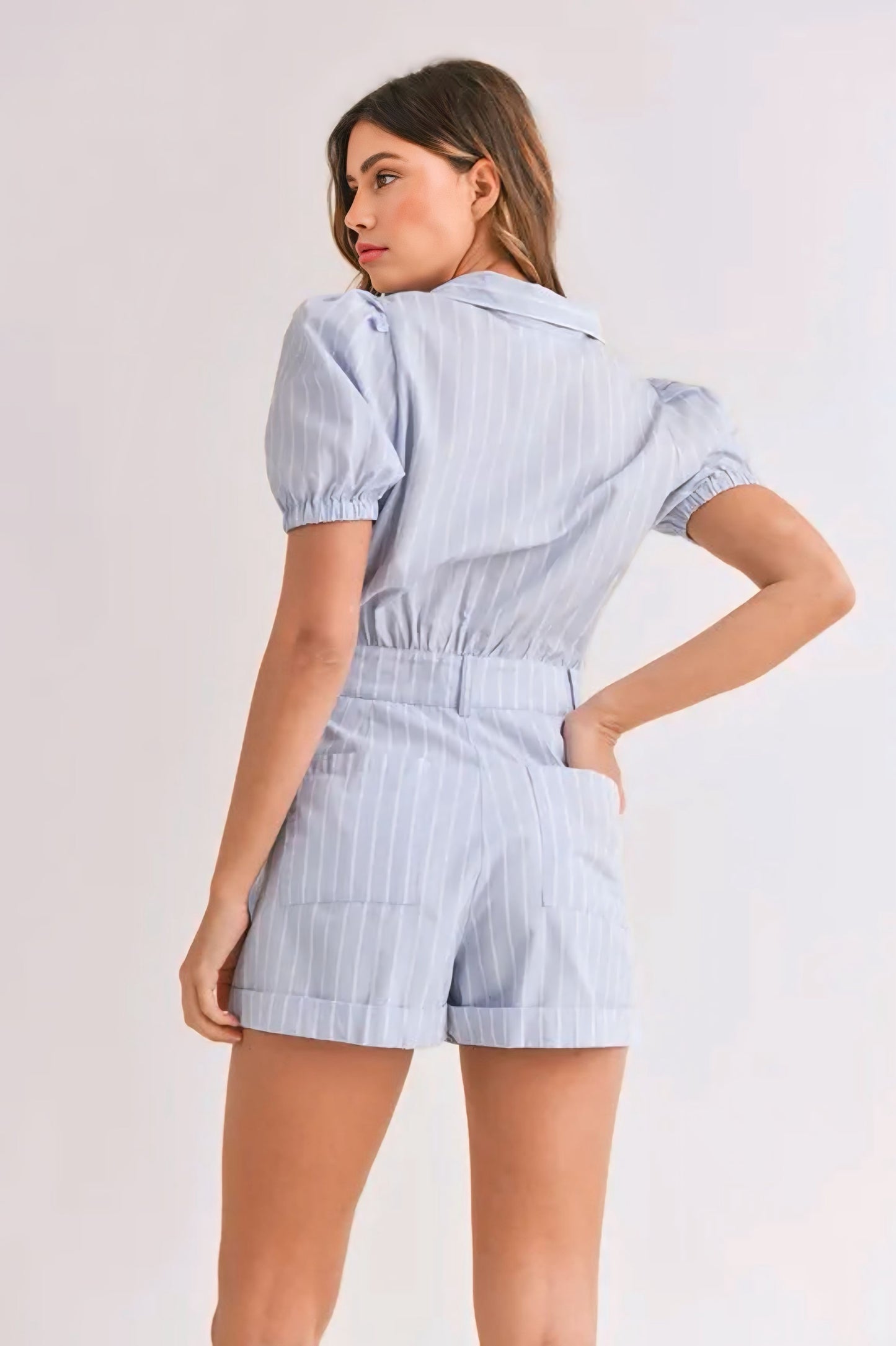 Striped Puff Sleeve Collared Neck Romper