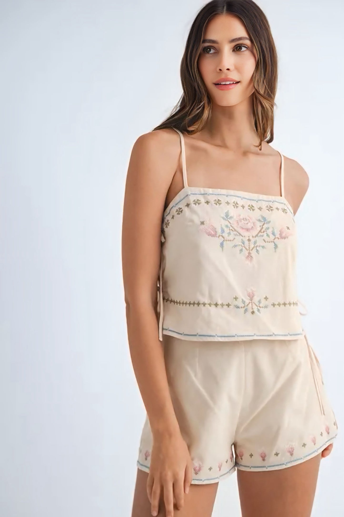 Embroidered Crop Top and Shorts Set