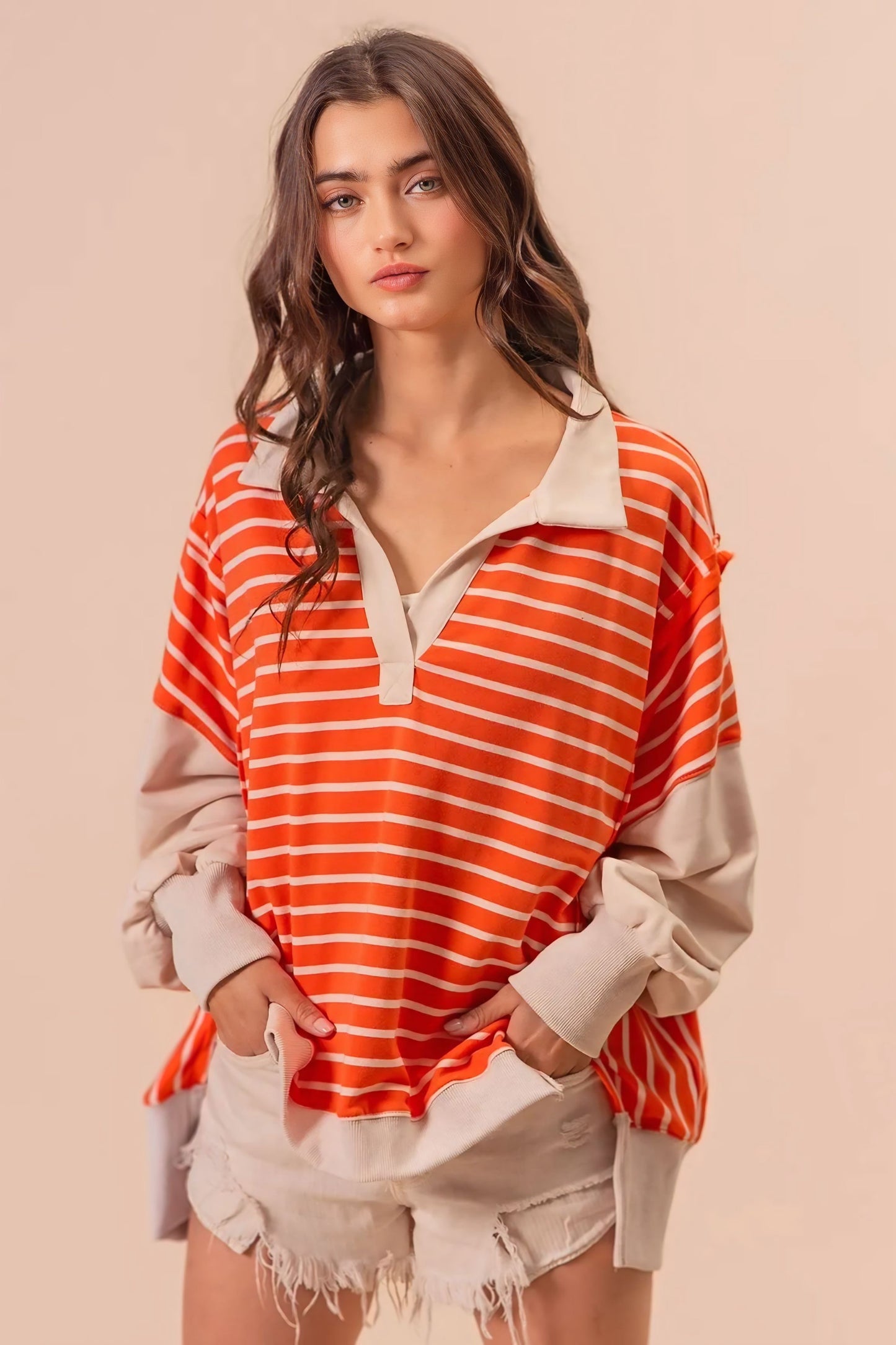 Stripe Knit Loose Fit Top With Cut Edge Detail