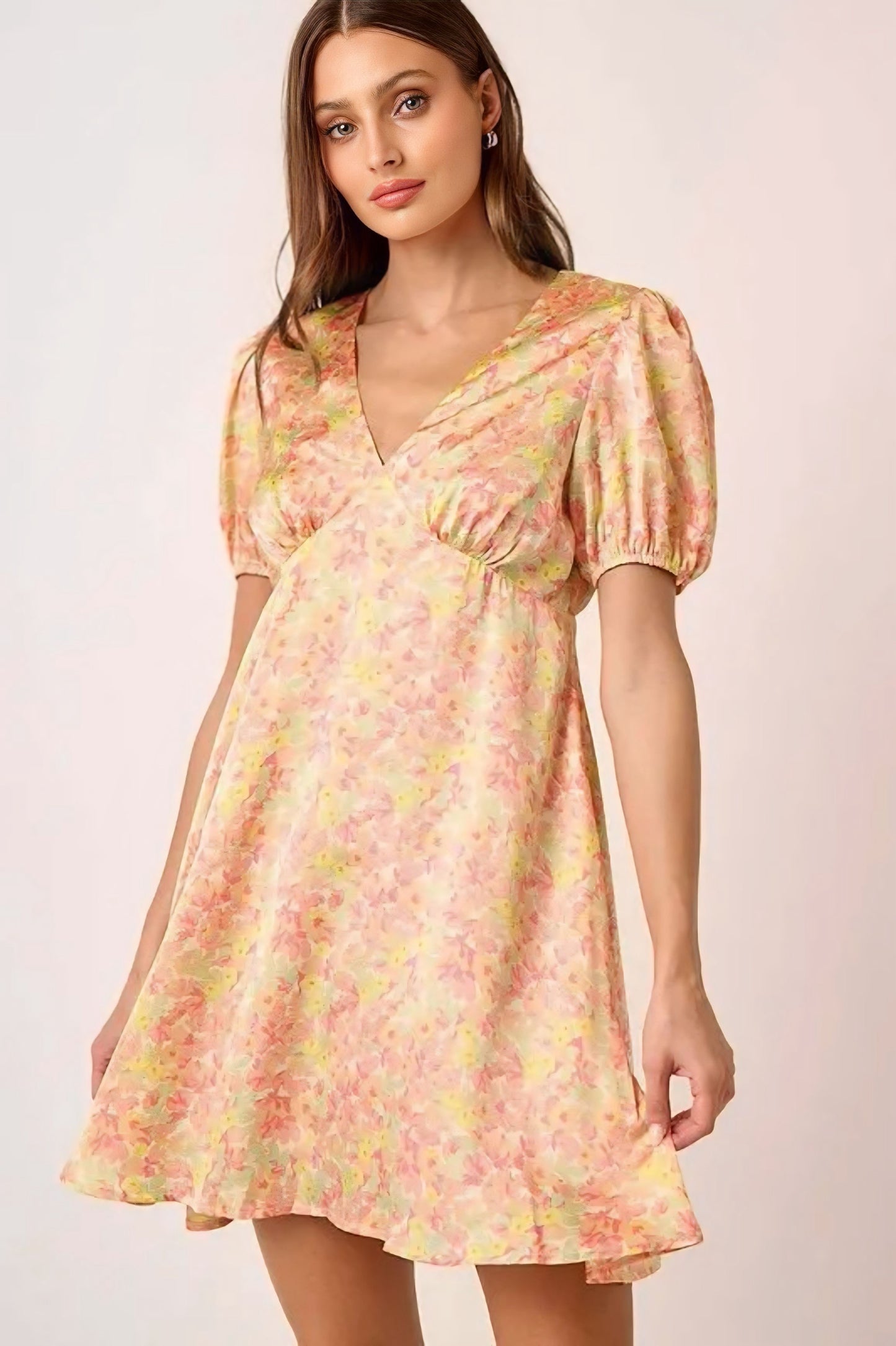 Printed V-Neck Puff Sleeve Mini Dress