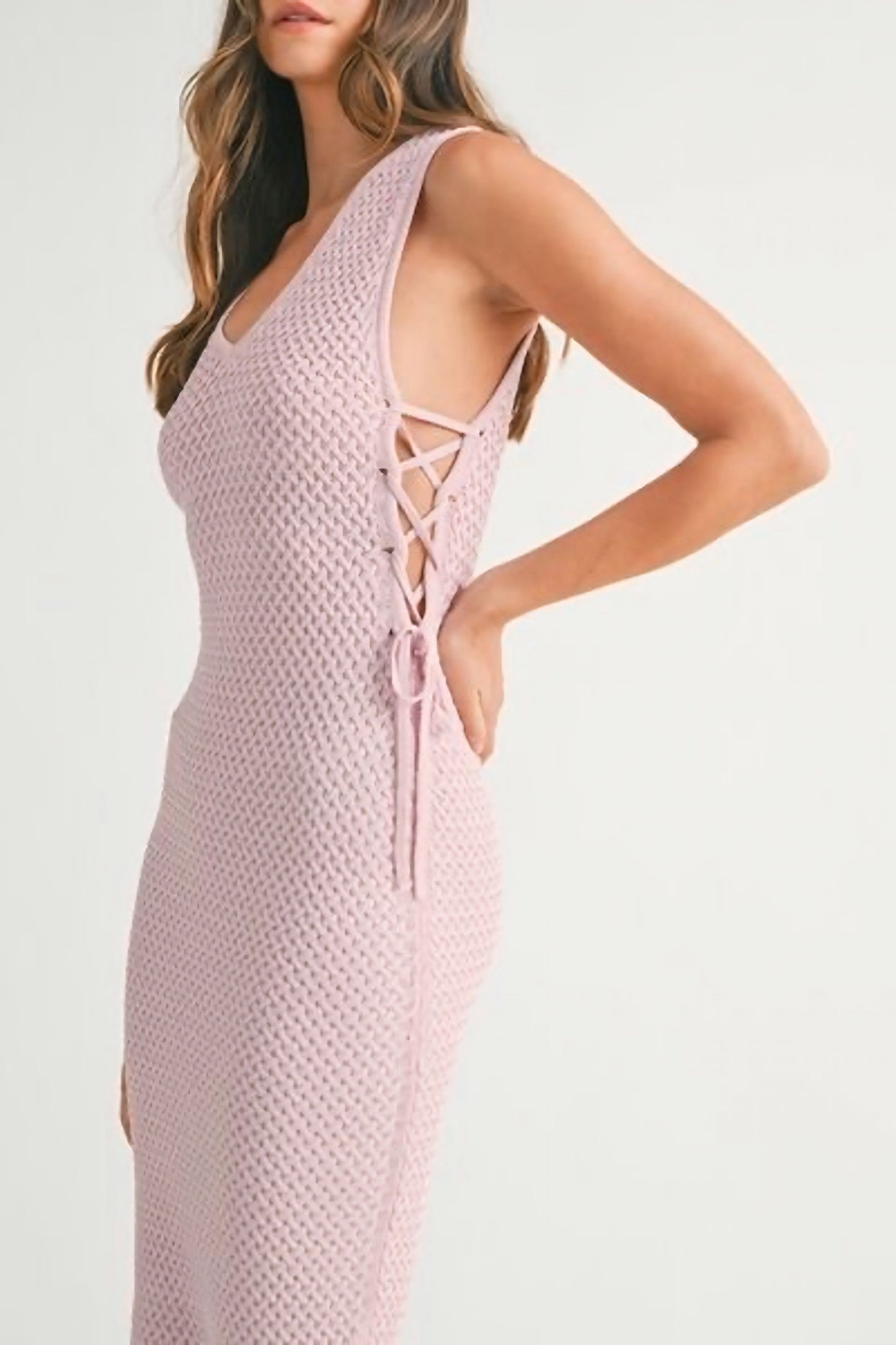 Baby Pink Crochet Side Lace Up Knit Midi Dress