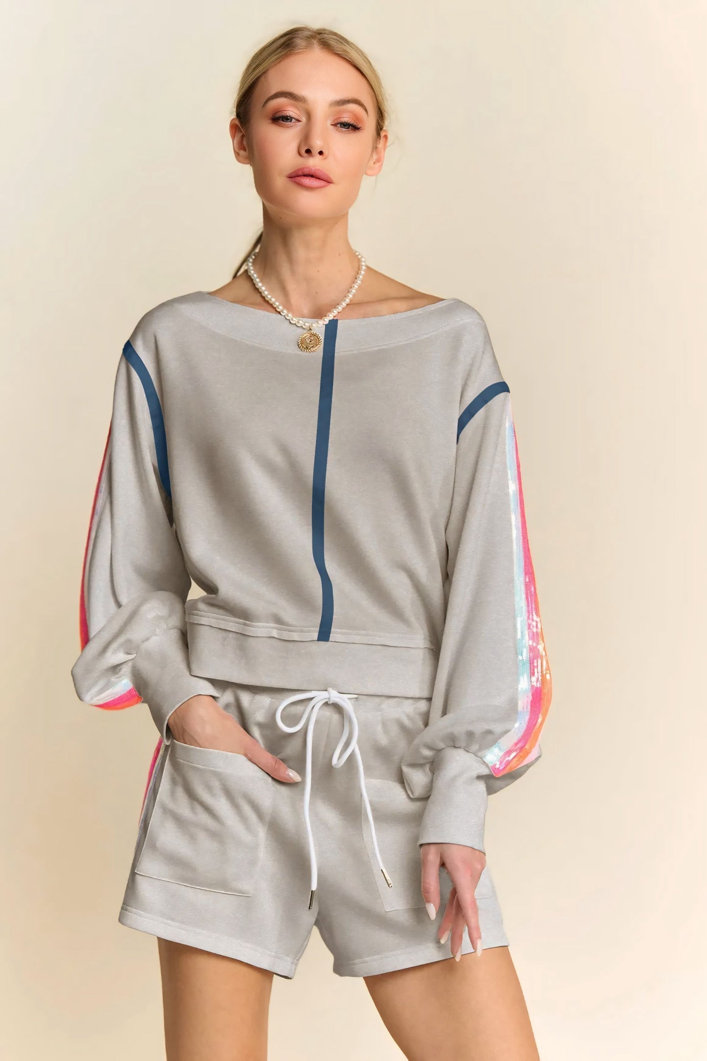 Sequin Stripe Long Sleeve Top And Short Pants Set