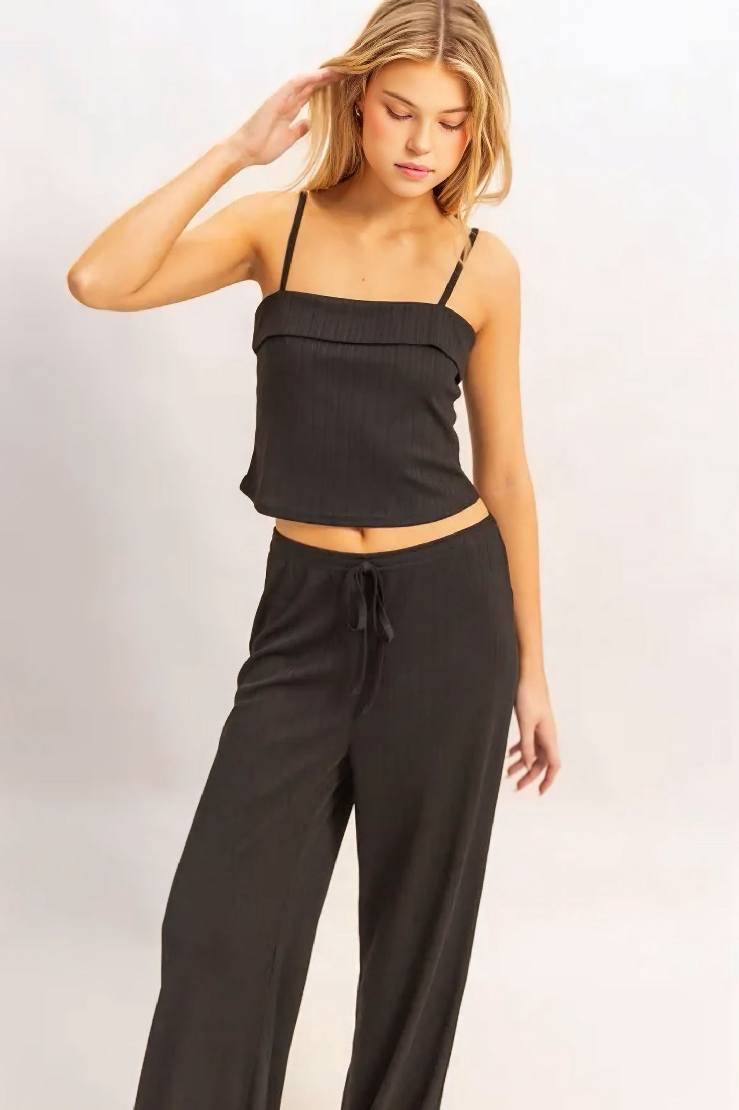 Black Rib Knit Cami Top and Pants Set