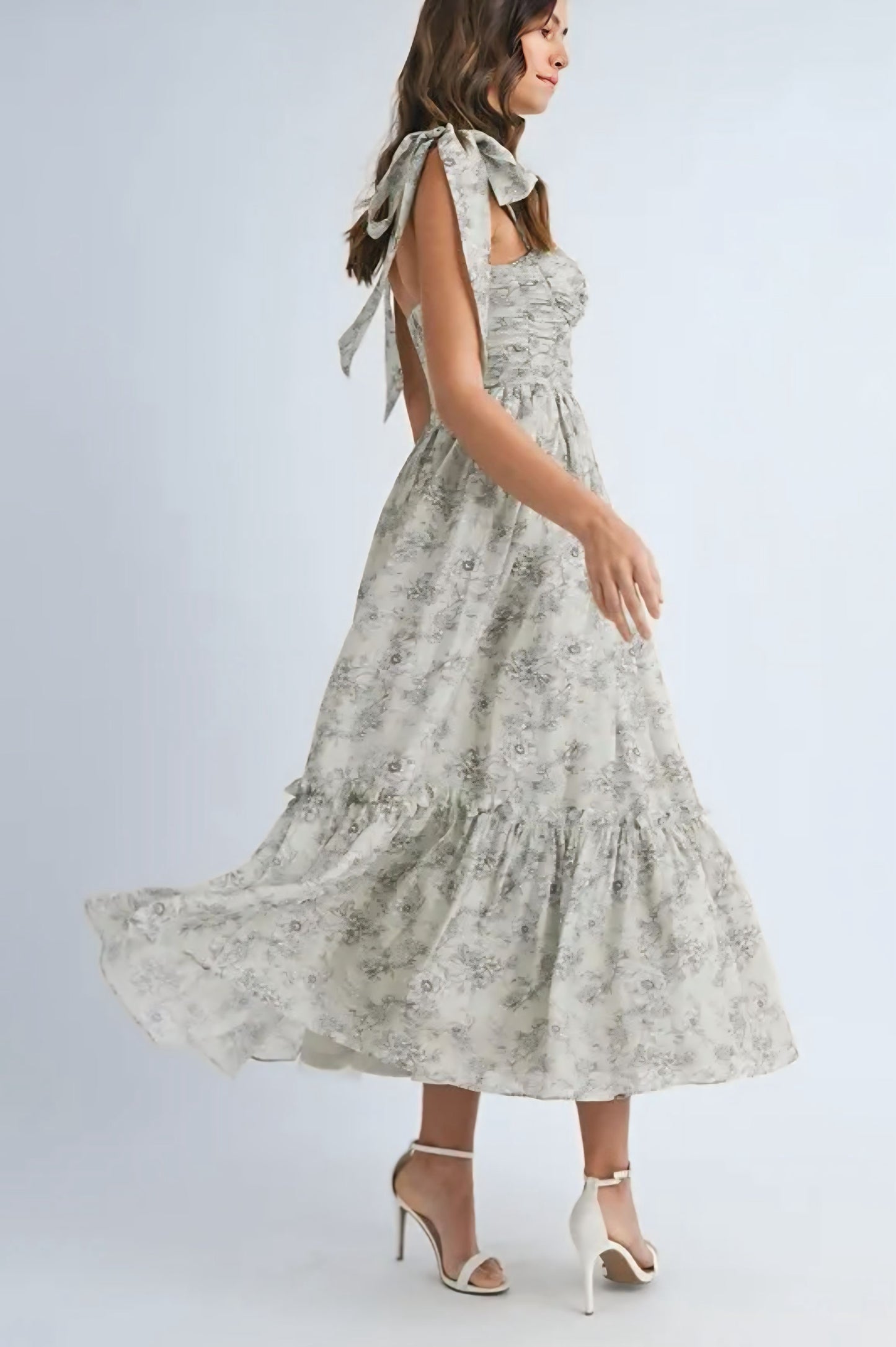 Floral Bust Ruched Midi Dress with Shoulder Tie - Sage
