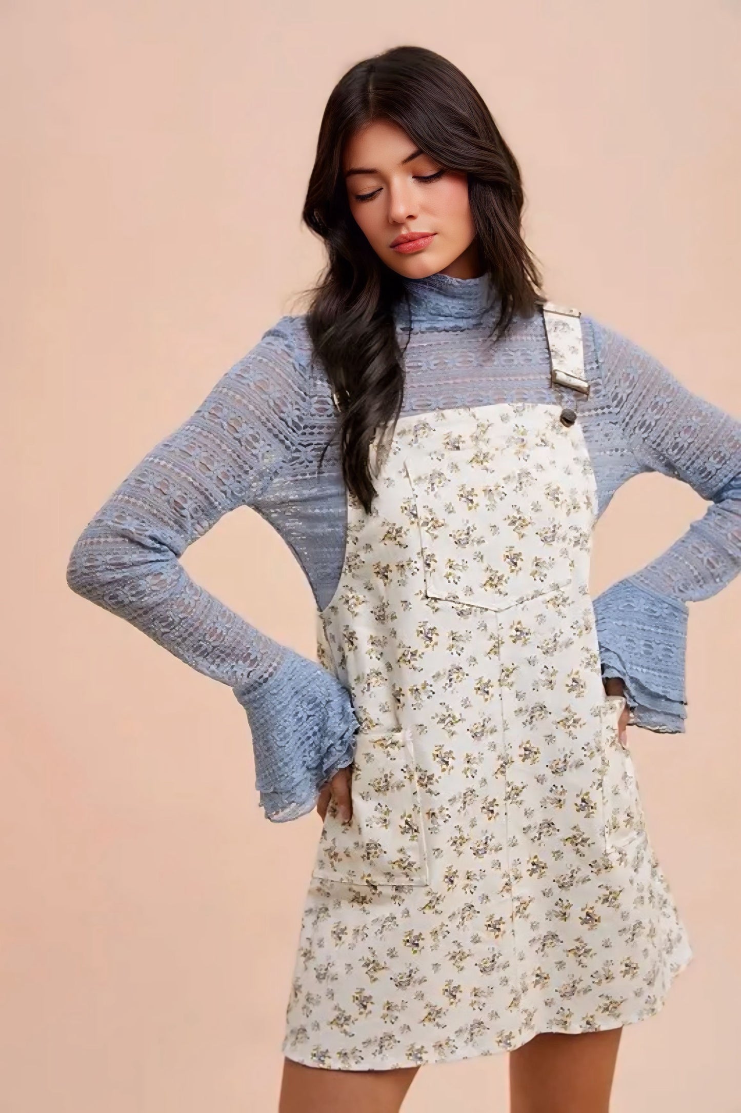 Ditsy Print Denim Overall Mini Dress