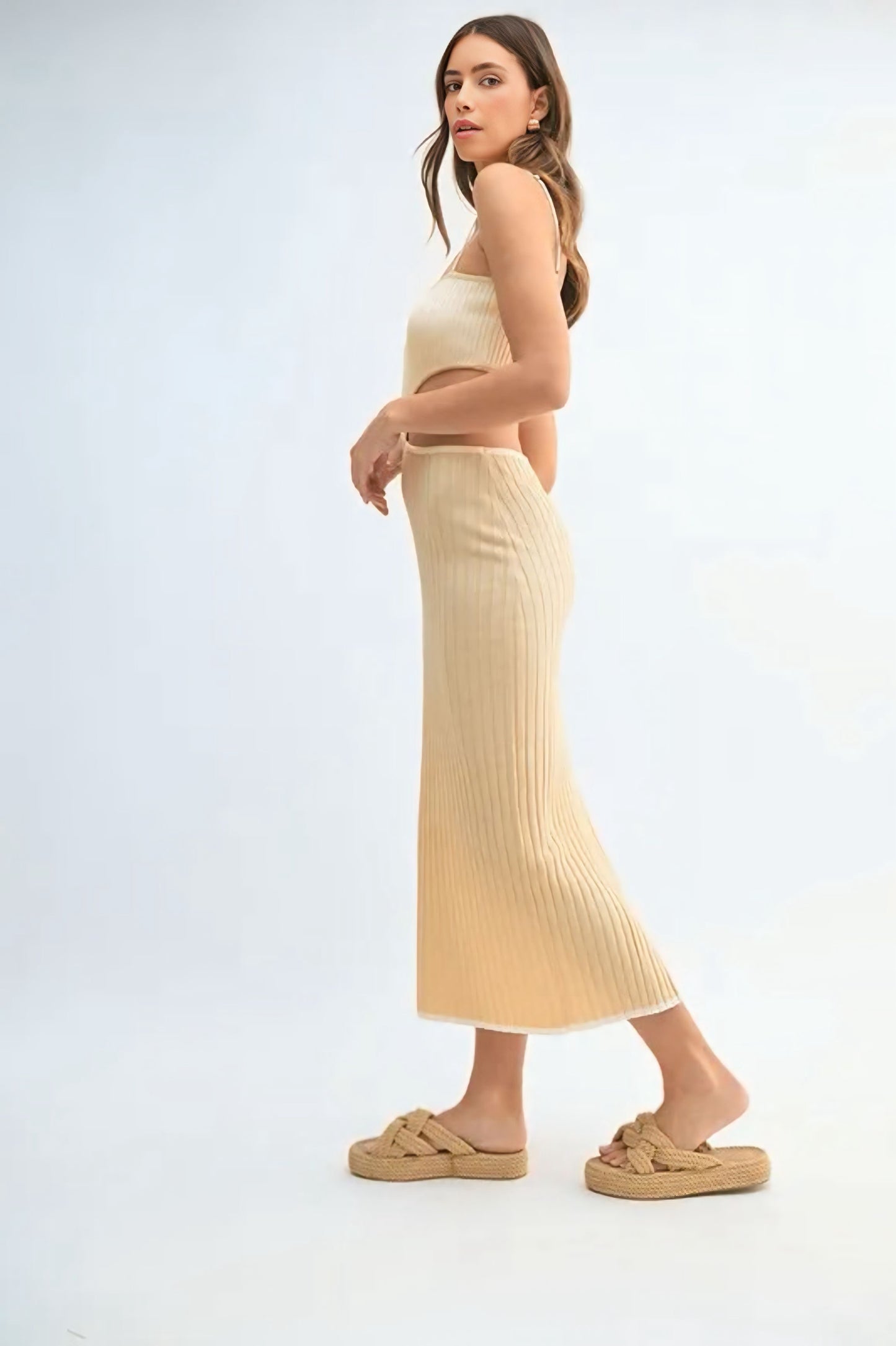 Ribbed Knit Color Block Cutout Midi Dress - Taupe