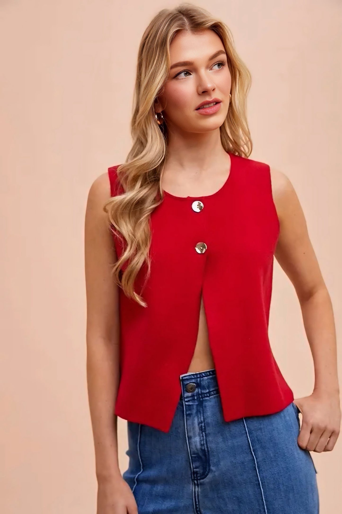 Metal Button Detail Crop Sweater Vest
