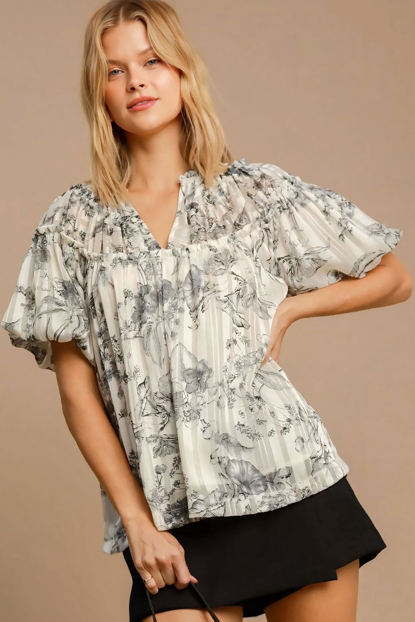 Floral Print Metallic Ruffle Blouse Plus Size