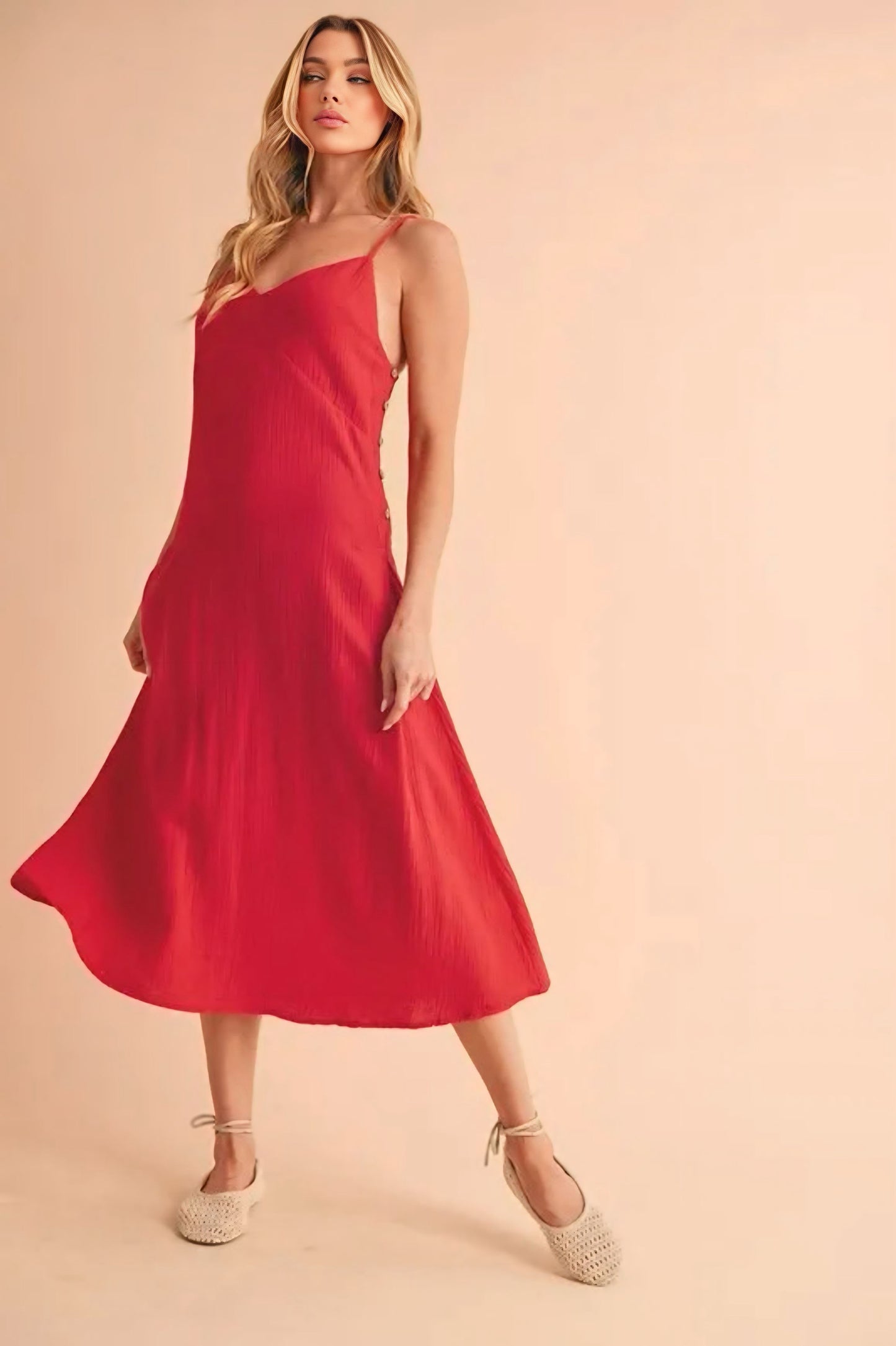 Red Side Button Midi Cami Dress
