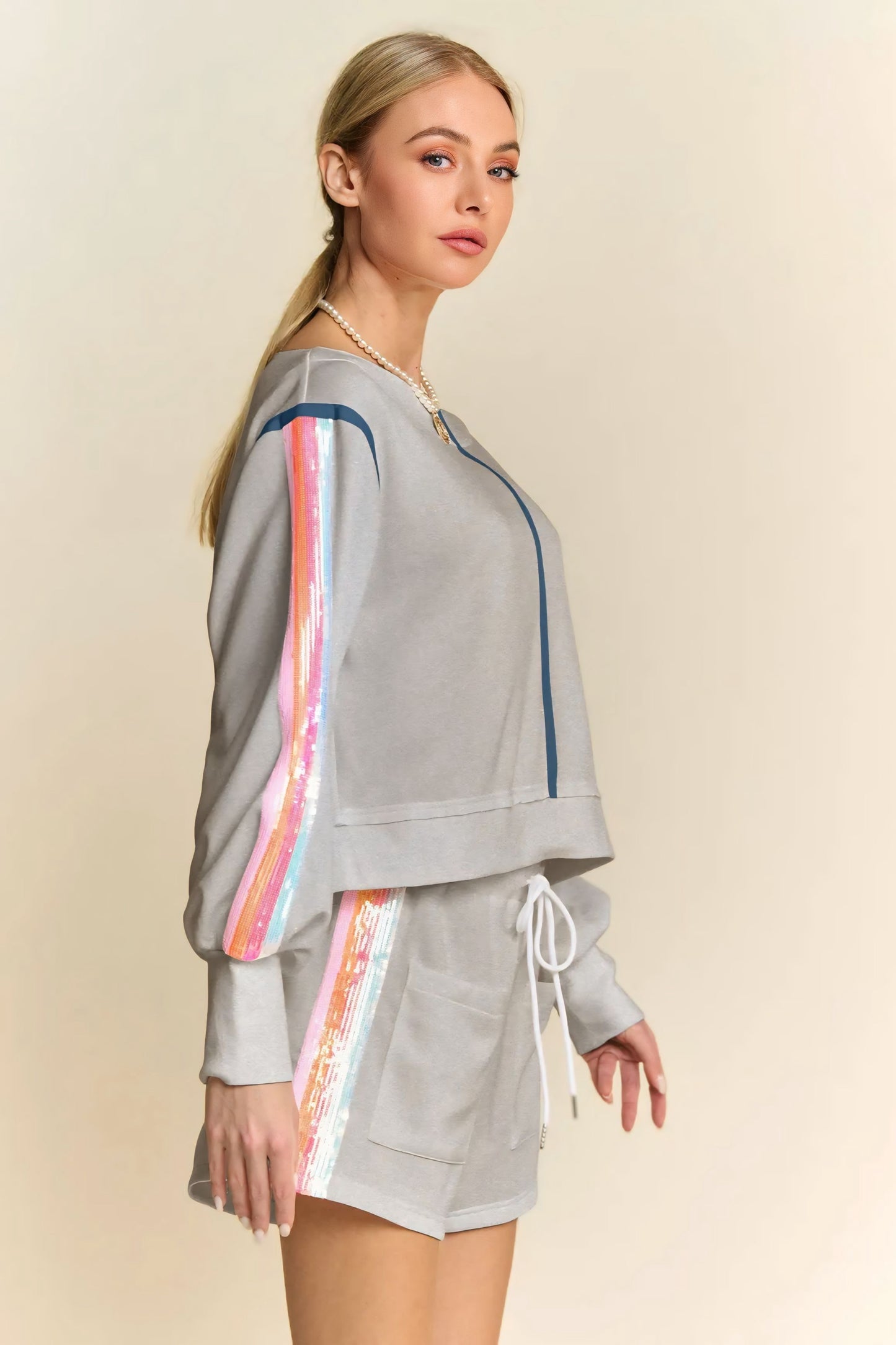 Sequin Stripe Long Sleeve Top And Short Pants Set