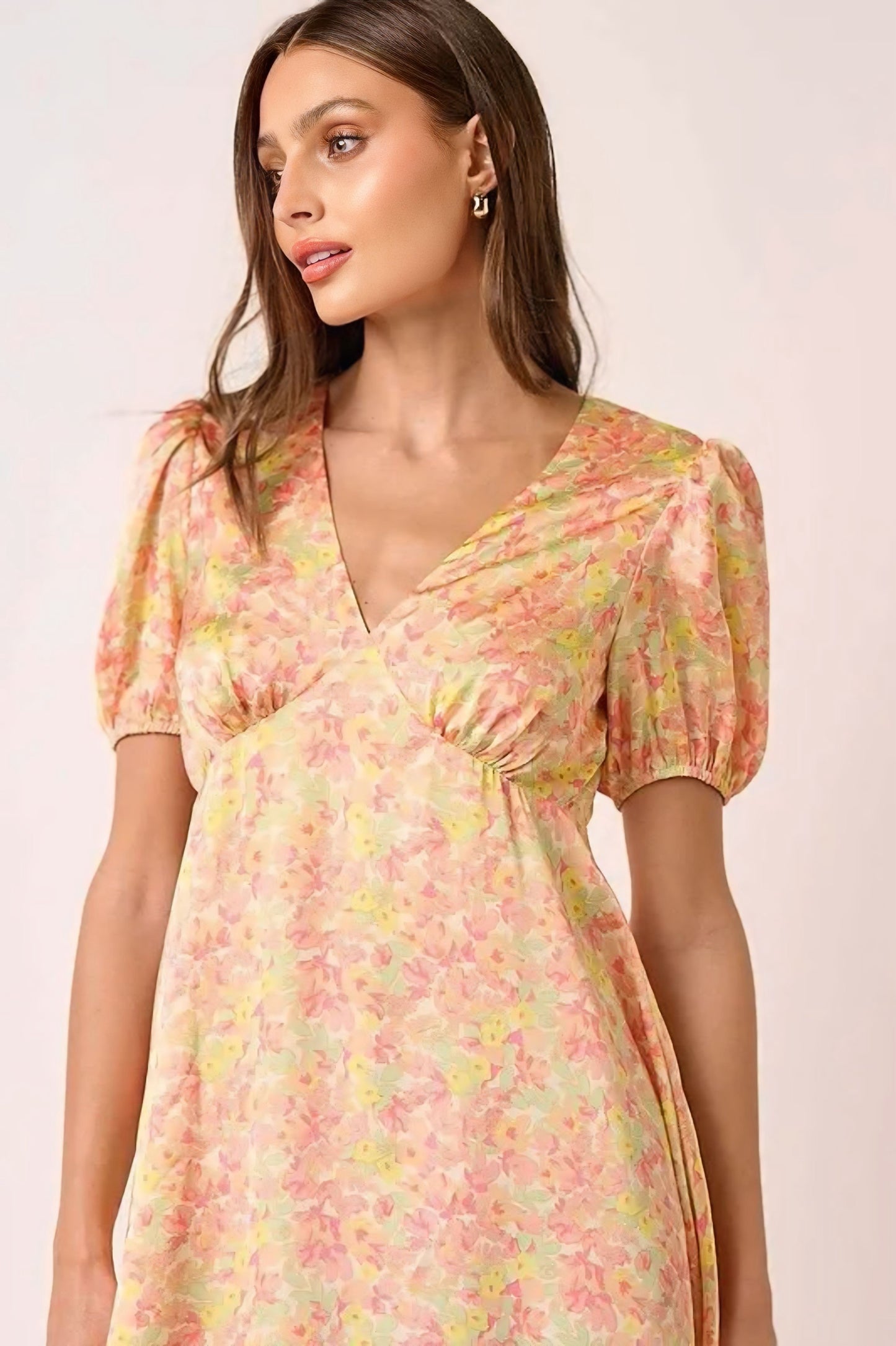 Printed V-Neck Puff Sleeve Mini Dress