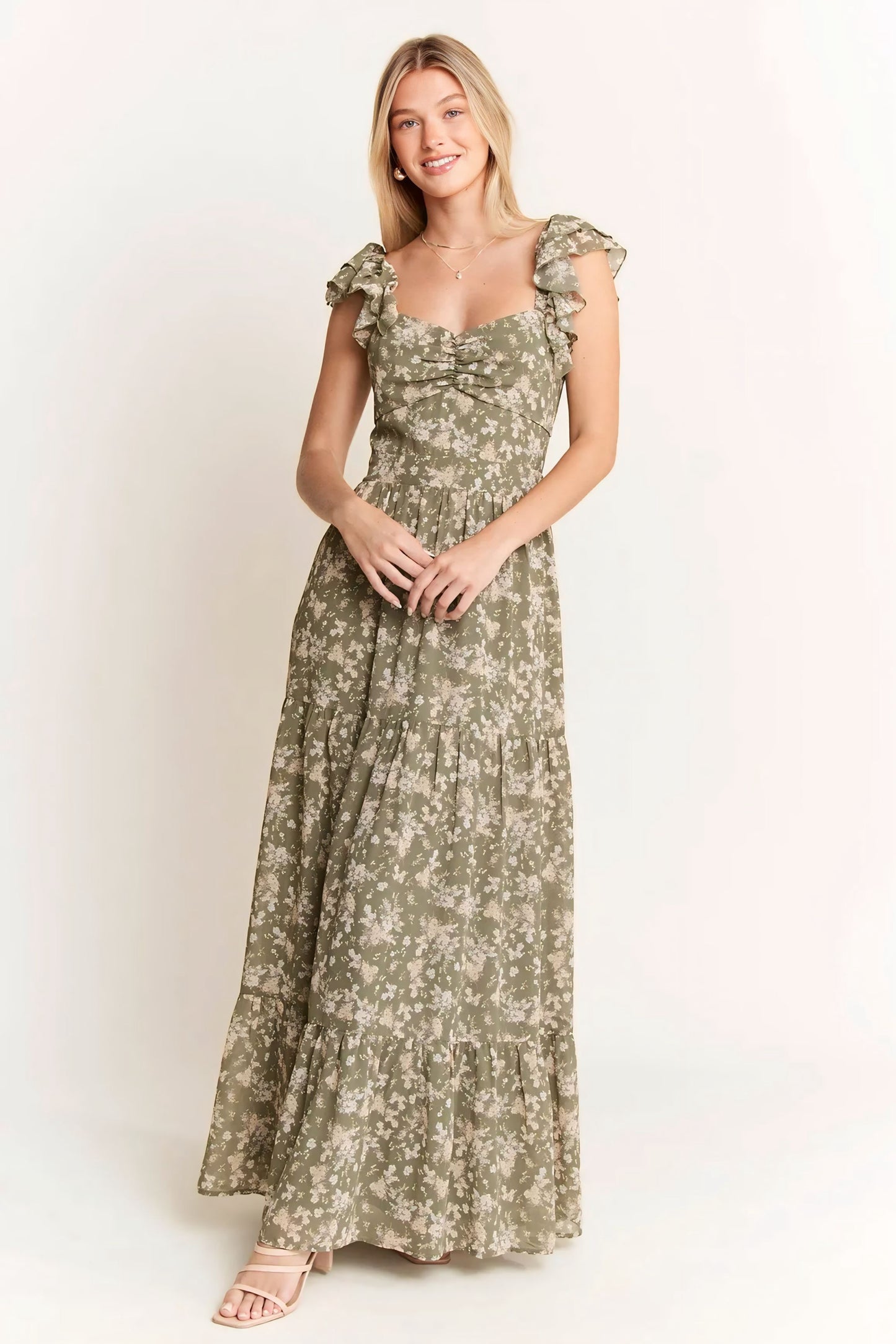 Sage Ruffle Sleeve Tiered Maxi Dress