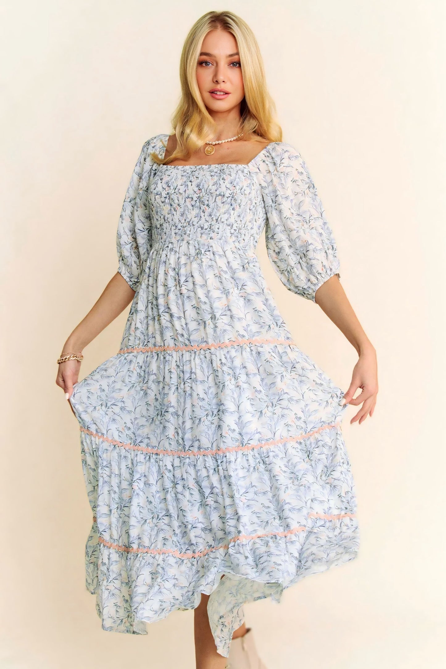 Contrast Ric Smocking Bodice Tiered Midi Dress