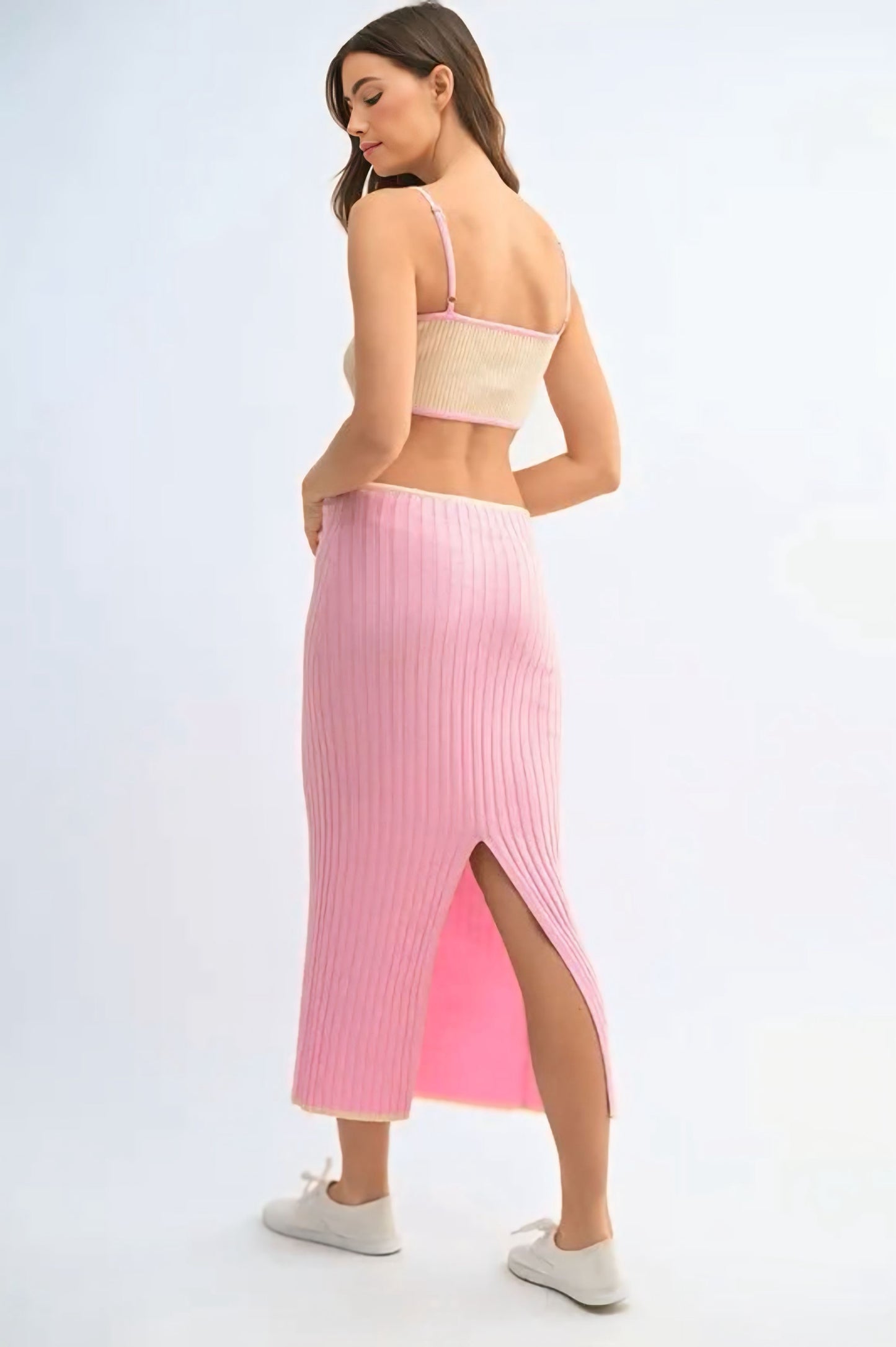 Ribbed Knit Color Block Cutout Midi Dress - Candy Pink