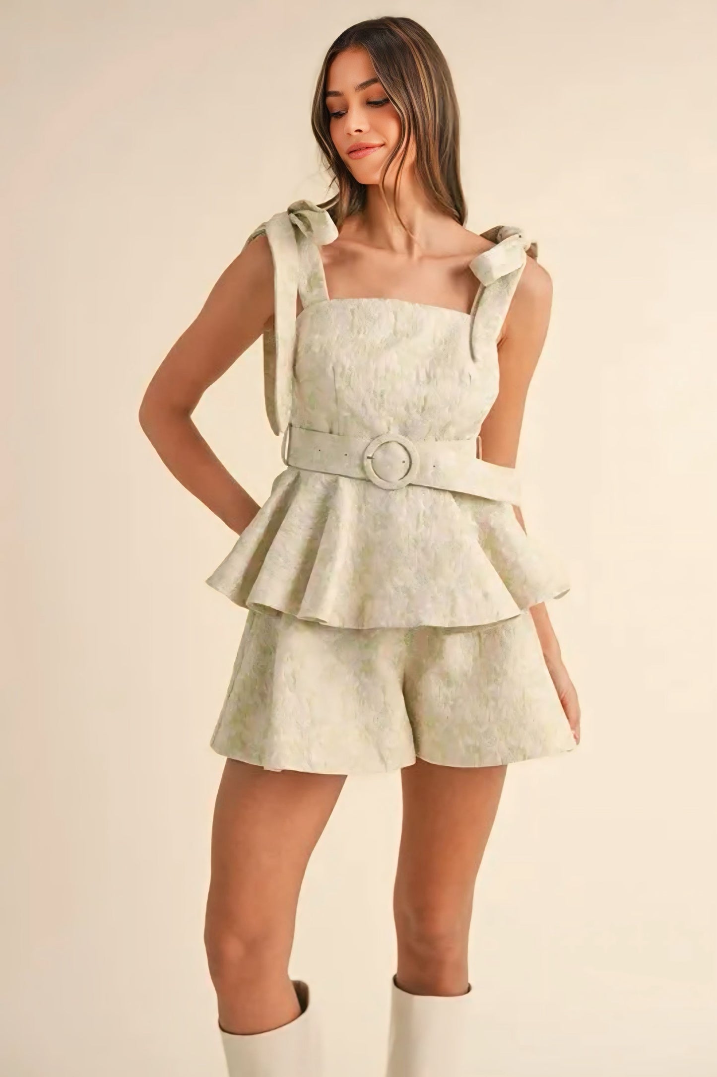 Jacquard Floral Peplum Top and Flare Shorts Set
