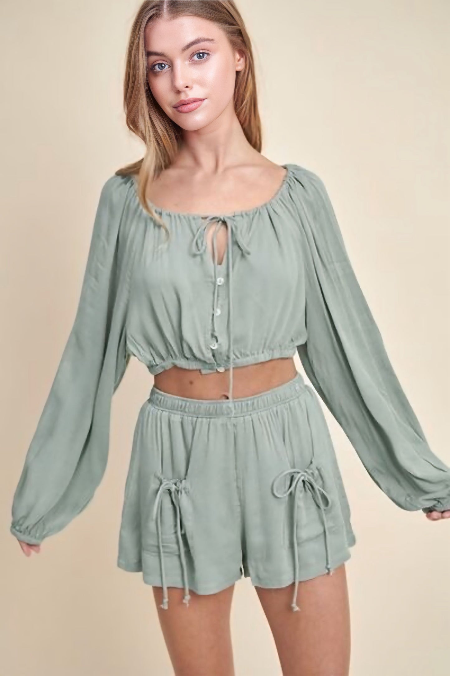 Gauze Long Sleeve Button Crop Top and Short Set