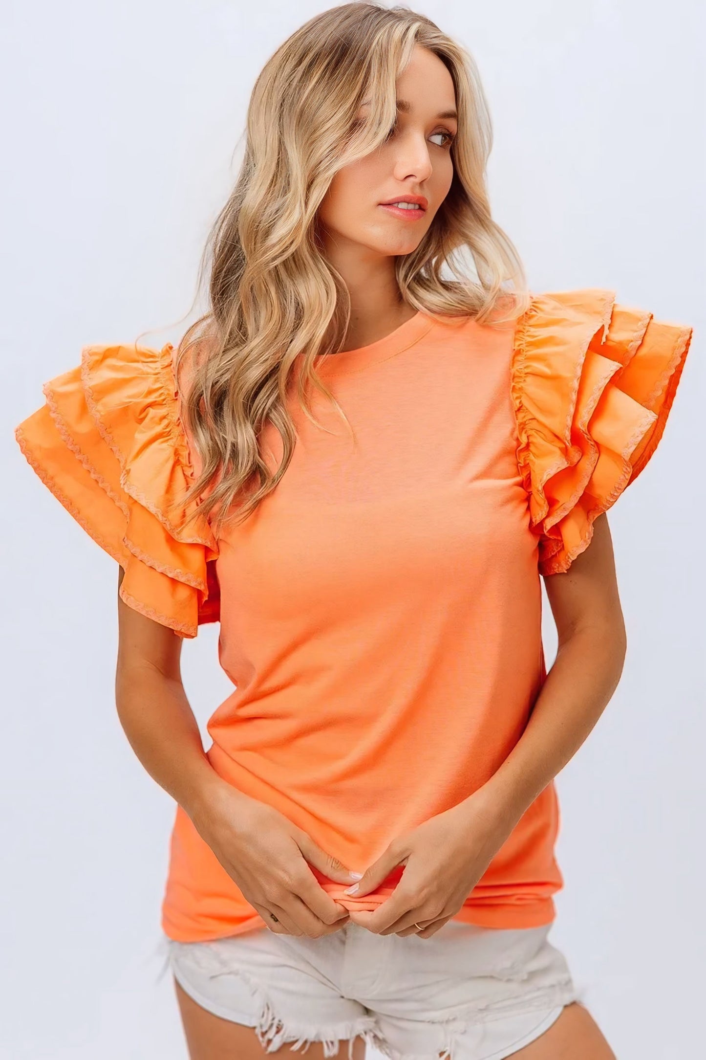 Knit Top Woven Ruffle Tiered Sleeves