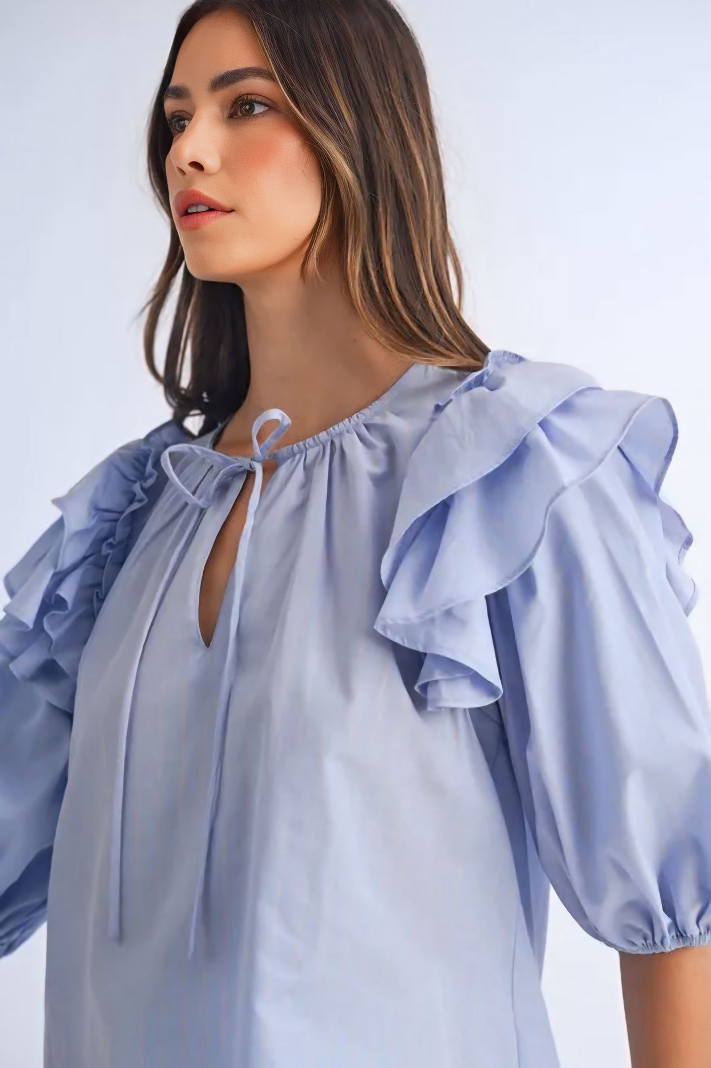 Stripe Ruffle Shoulder Puff Sleeve Blouse