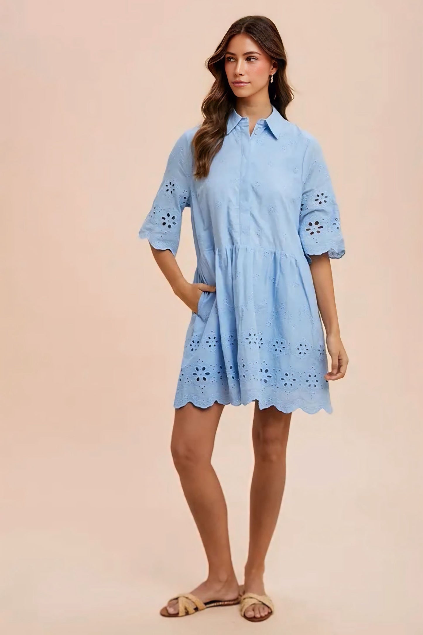 Embroidered Scallop Edge Detail Mini Shirt Dress
