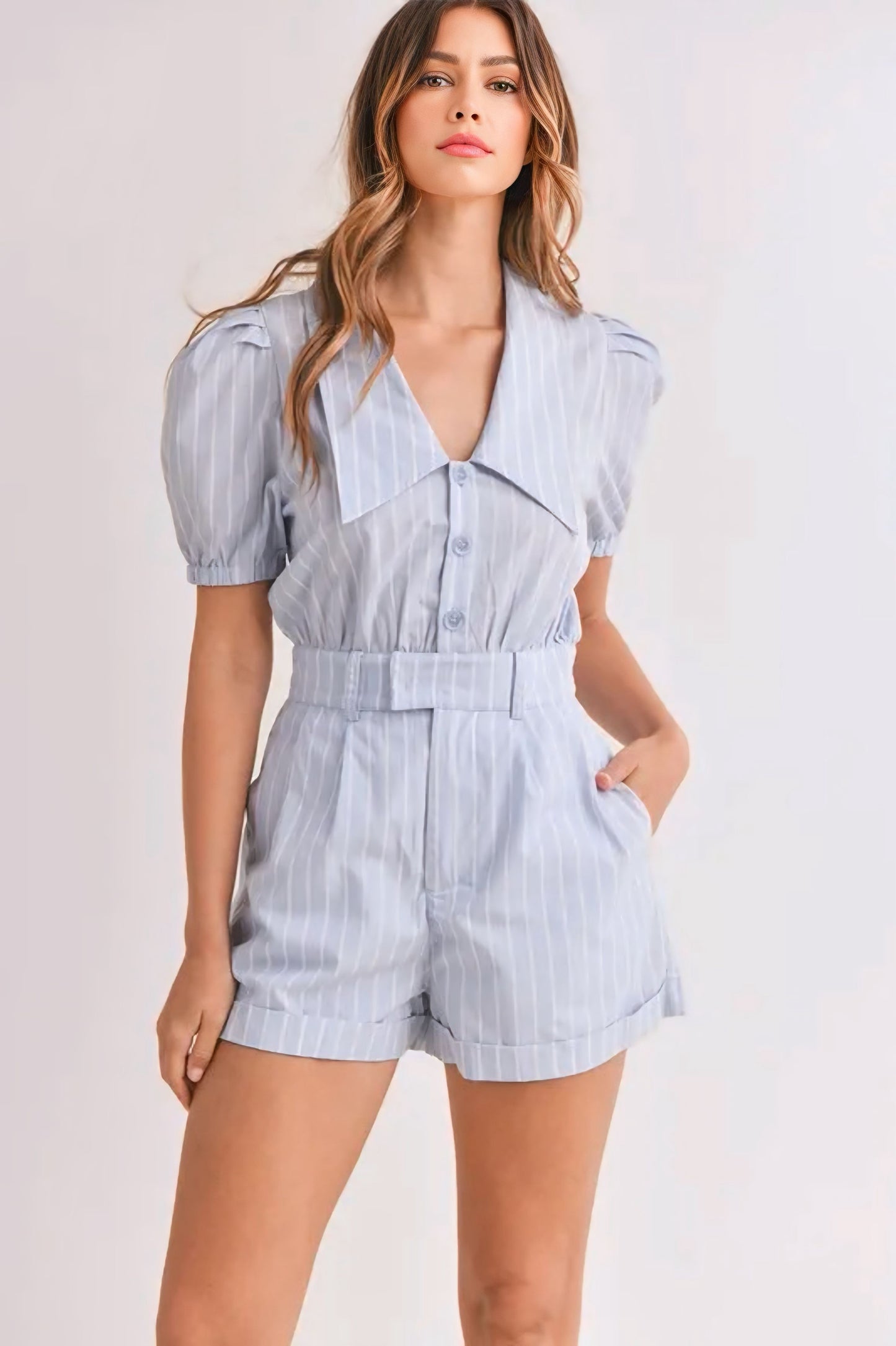 Striped Puff Sleeve Collared Neck Romper