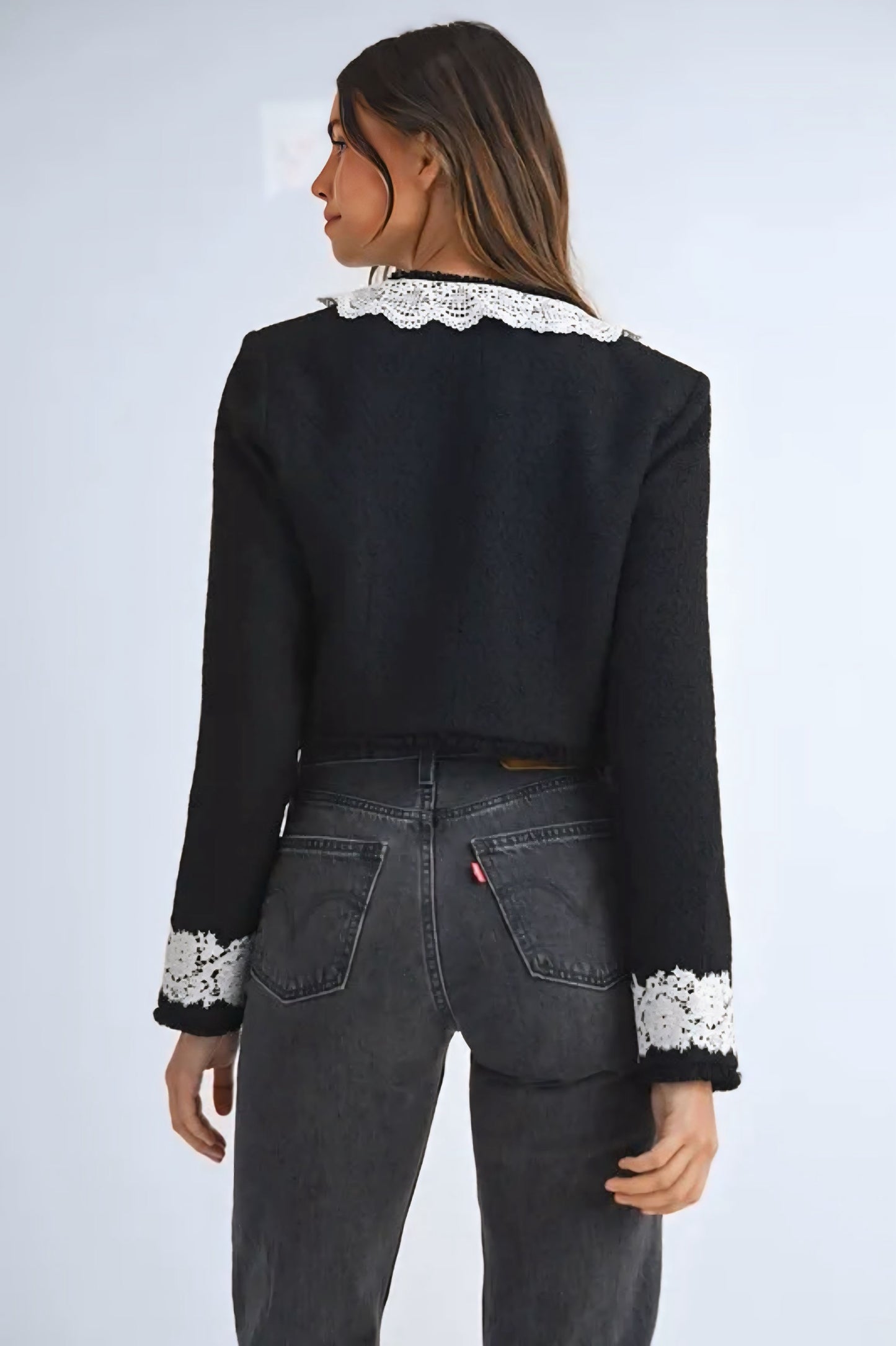 Lace Trim Collar Tweed Crop Jacket