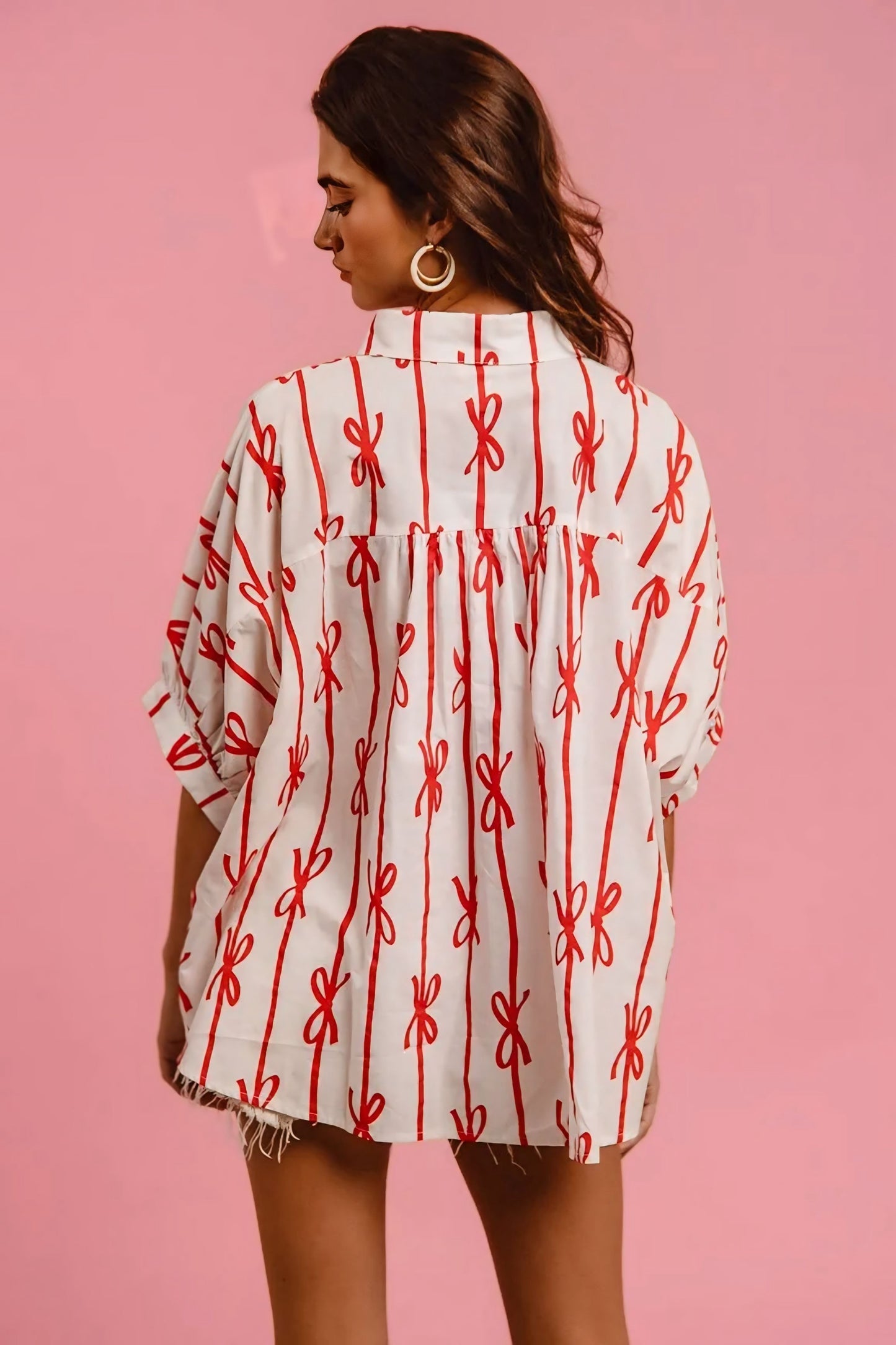 Bow Ribbon Woven Printed Button Down Shirt