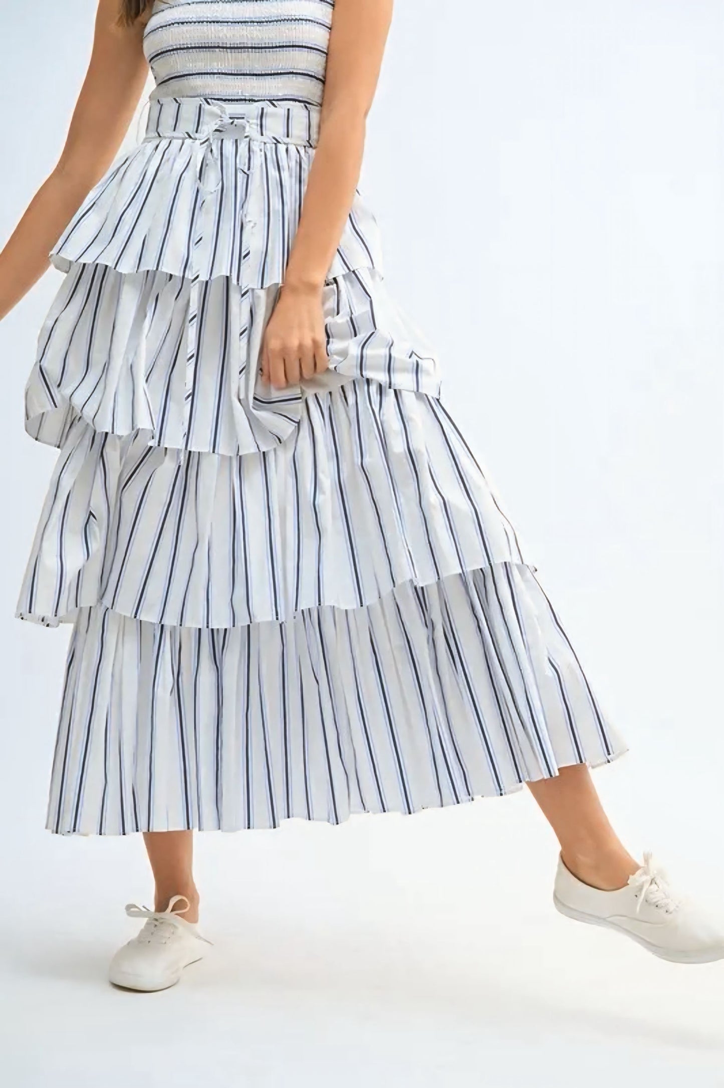 Pin Stripe Smocked Bodice Layered Midi Dress