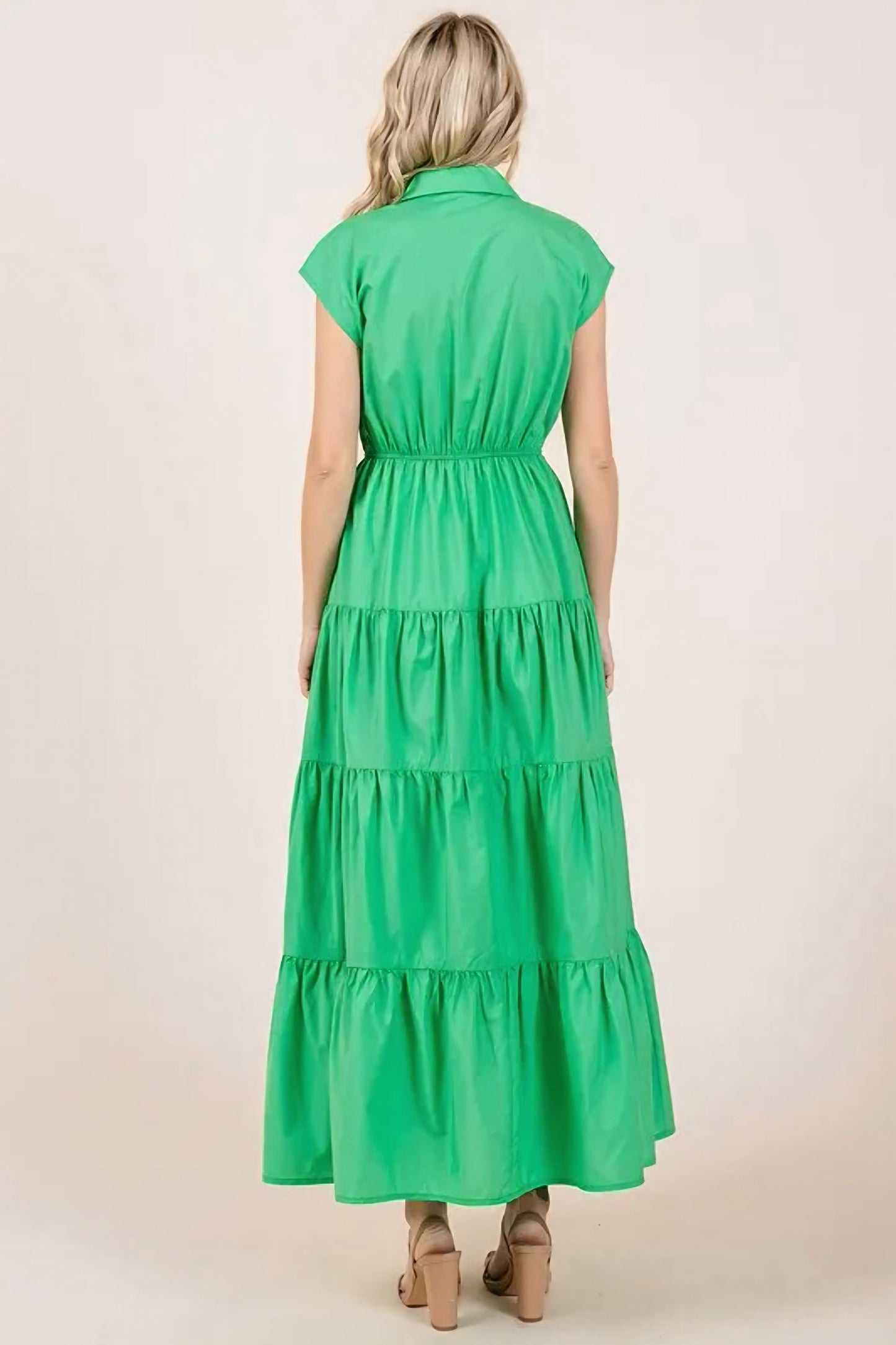 Button Up Collared Tiered Maxi Shirt Dress