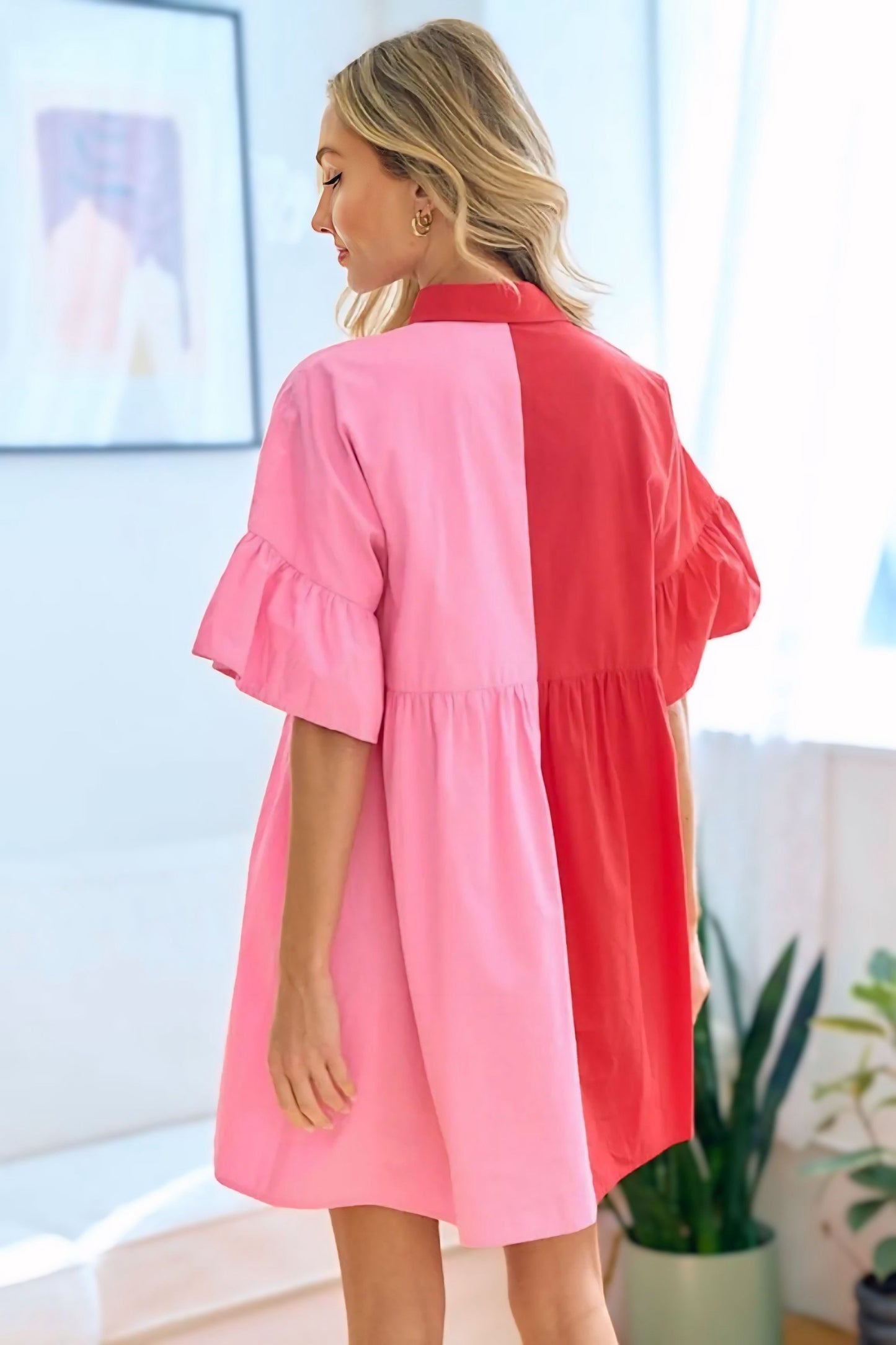 Color Blocked Button Down Babydoll Dress