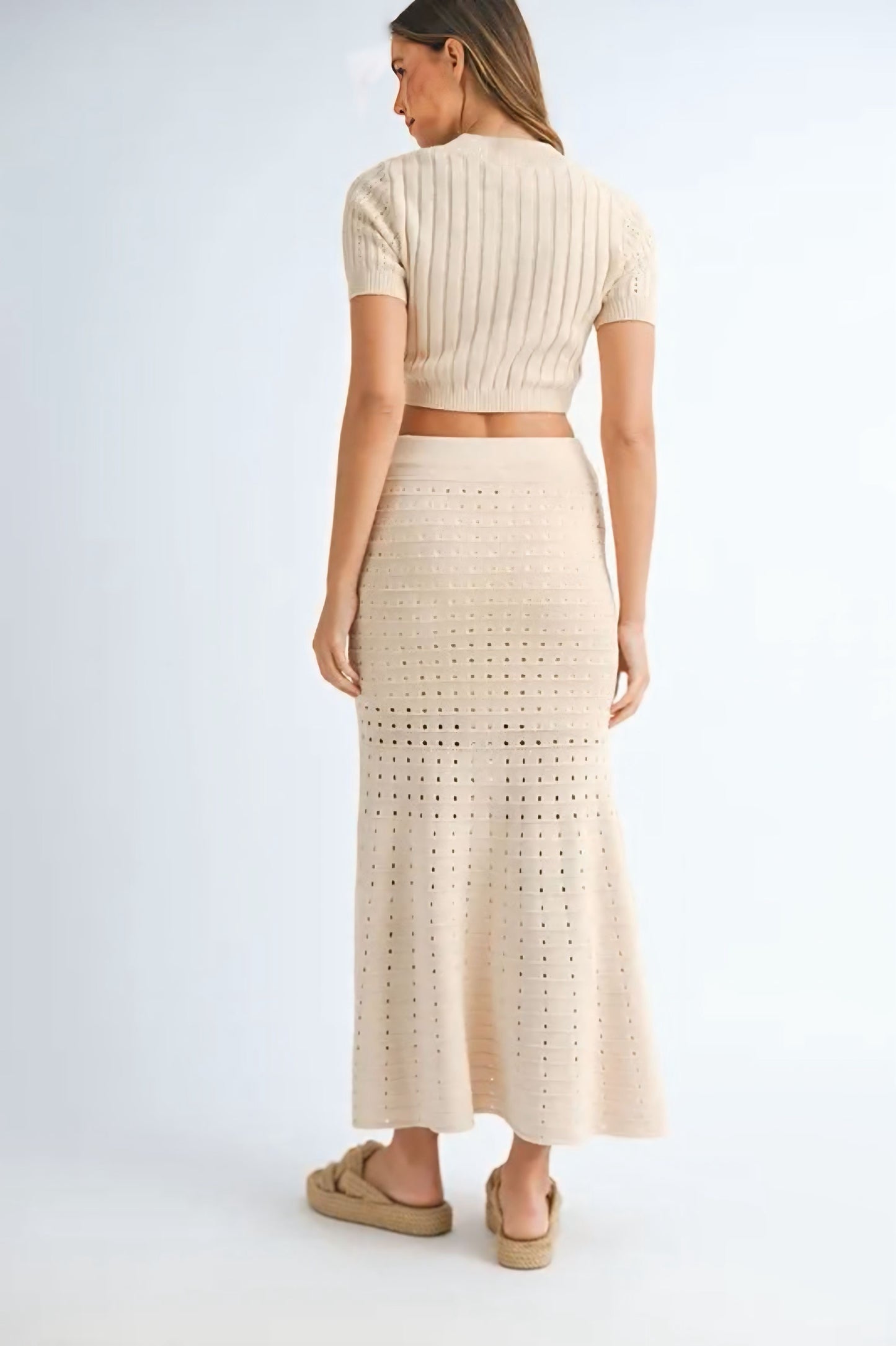 Pointelle Short Sleeve Crop Top and Slit Skirt Sweater Set - Cream