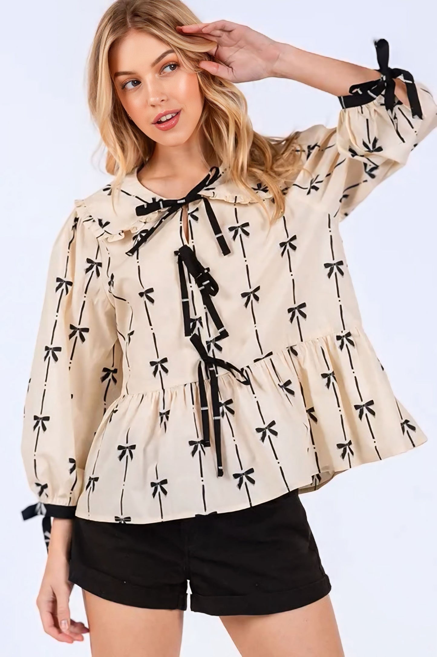 Bow Print Tie Front Babydoll Blouse