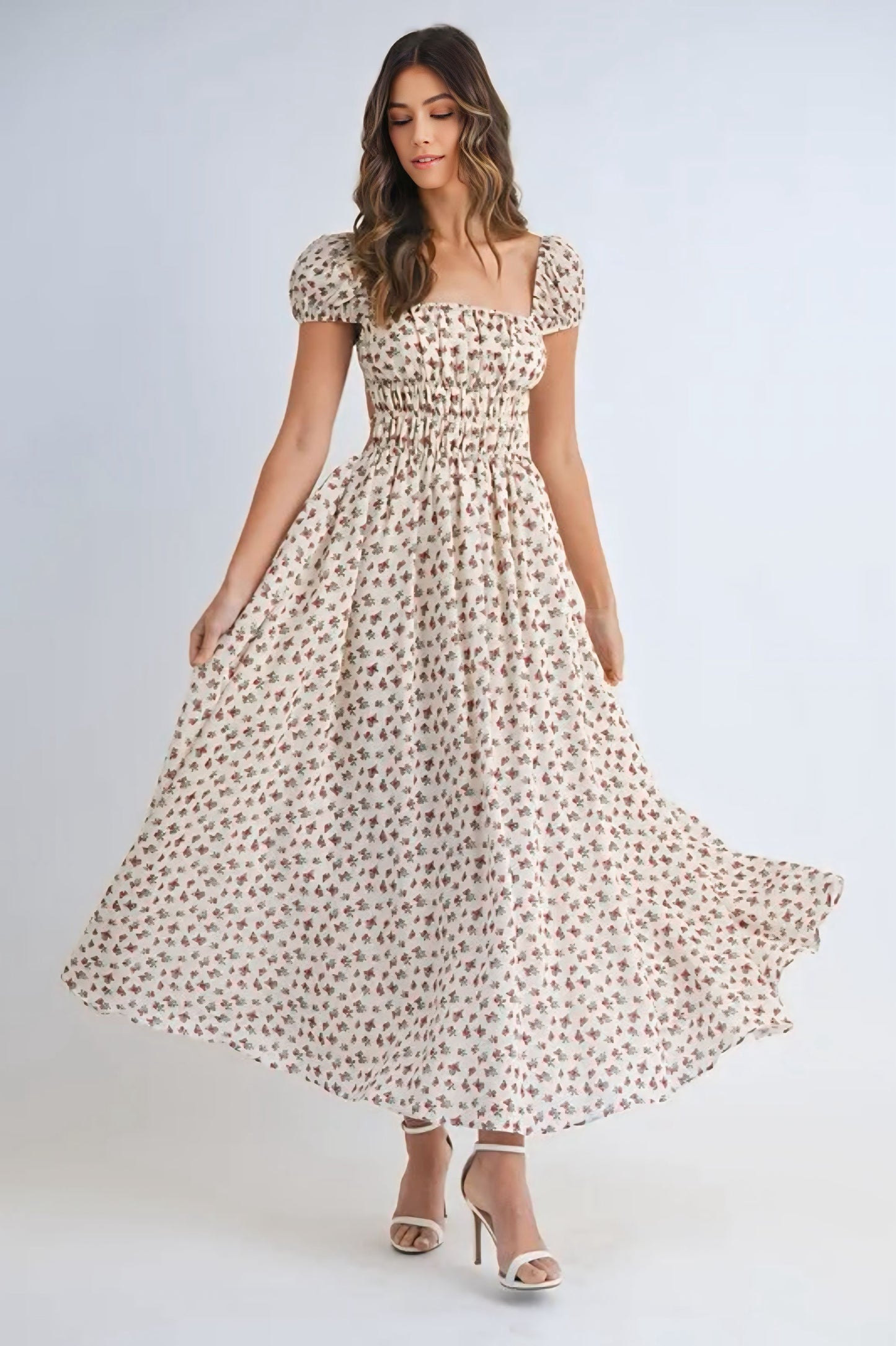 Floral Print Puff Sleeve Gathered Midi Dress