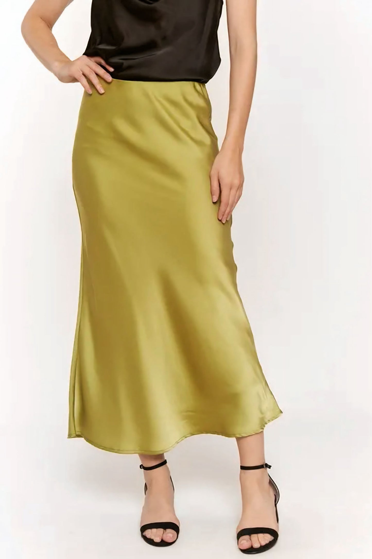 Olive Satin Midi Skirt