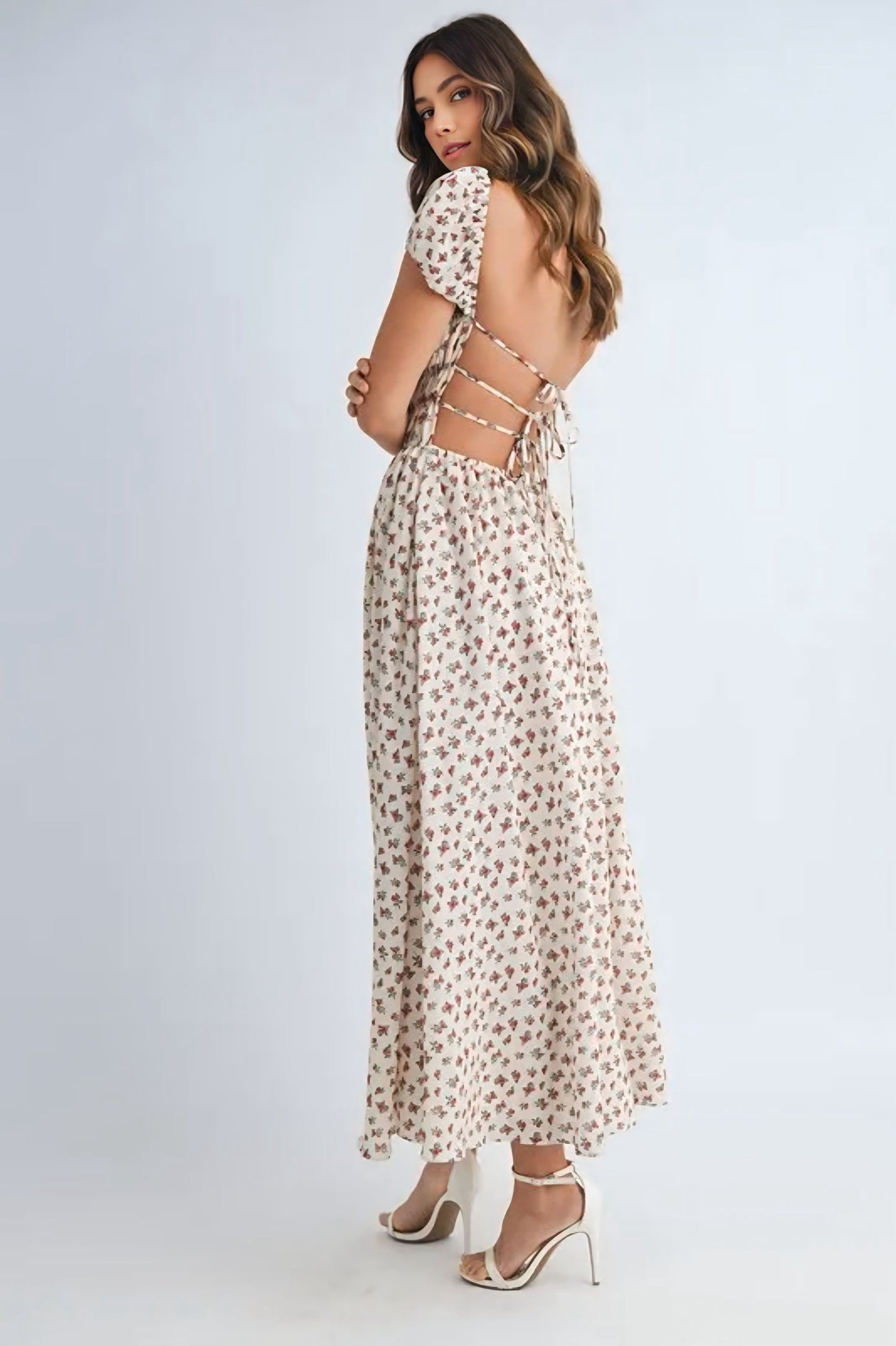 Floral Print Puff Sleeve Gathered Midi Dress