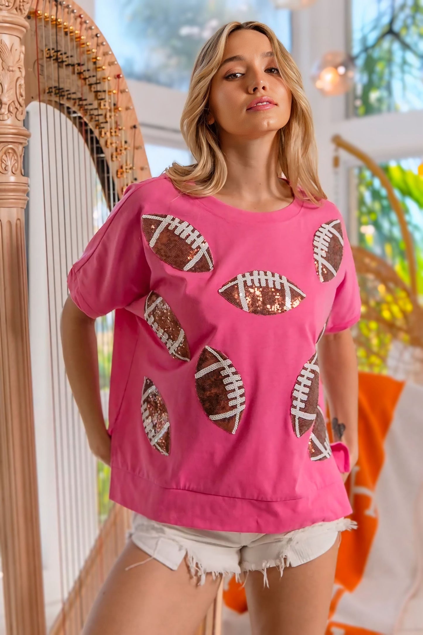 Game Day Sequins Patched Half Sleeves Top